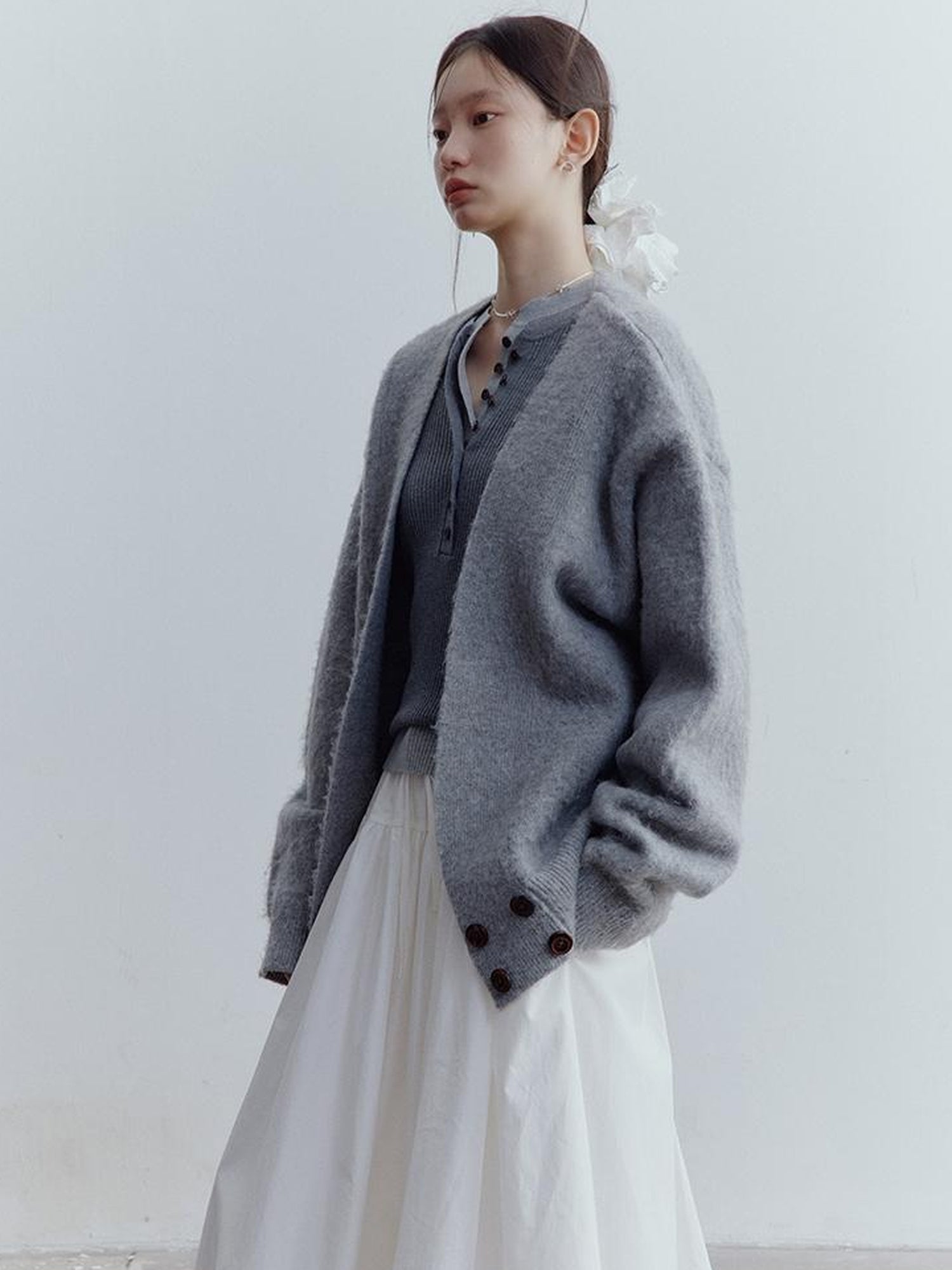 FUSSED Fussed Lazy Furry V-Neck Mohair Wool Cardigan In Misty Gray