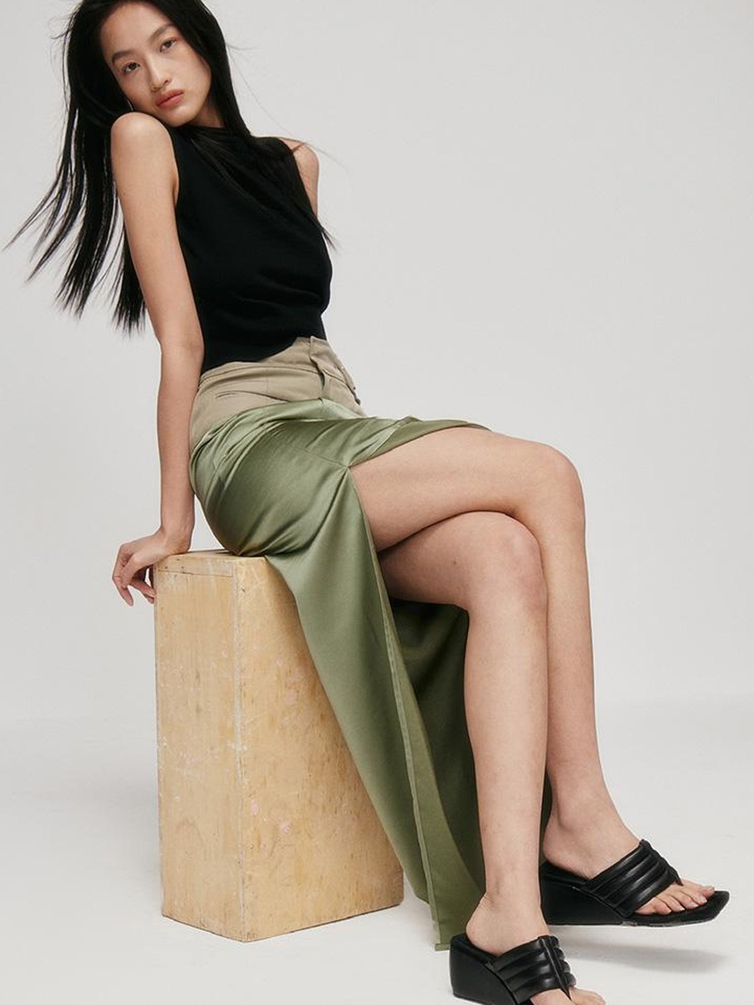 FUSSED Fussed S Series Lotus Leaf Green Split Hem Skirt