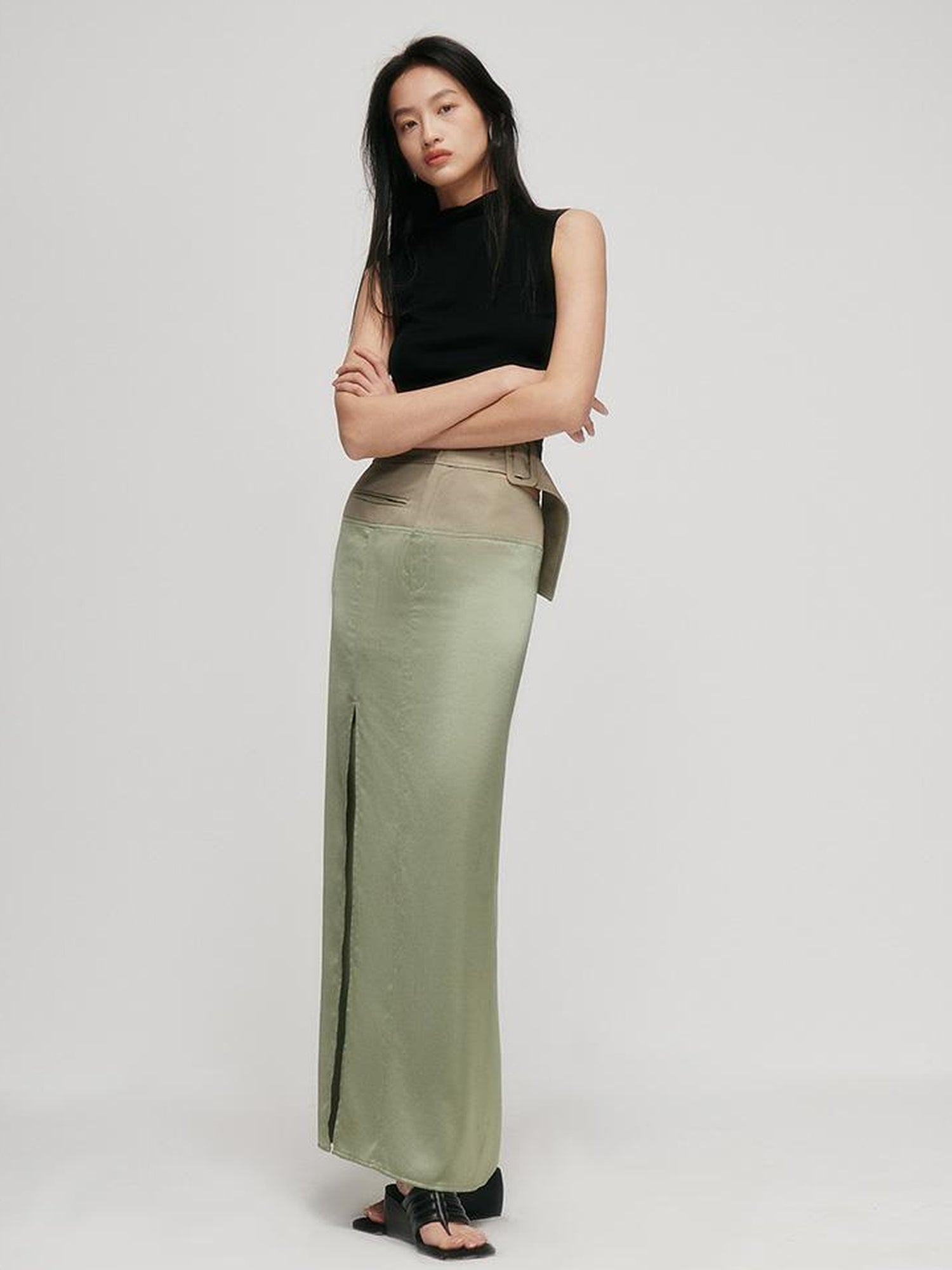 FUSSED Fussed S Series Lotus Leaf Green Split Hem Skirt