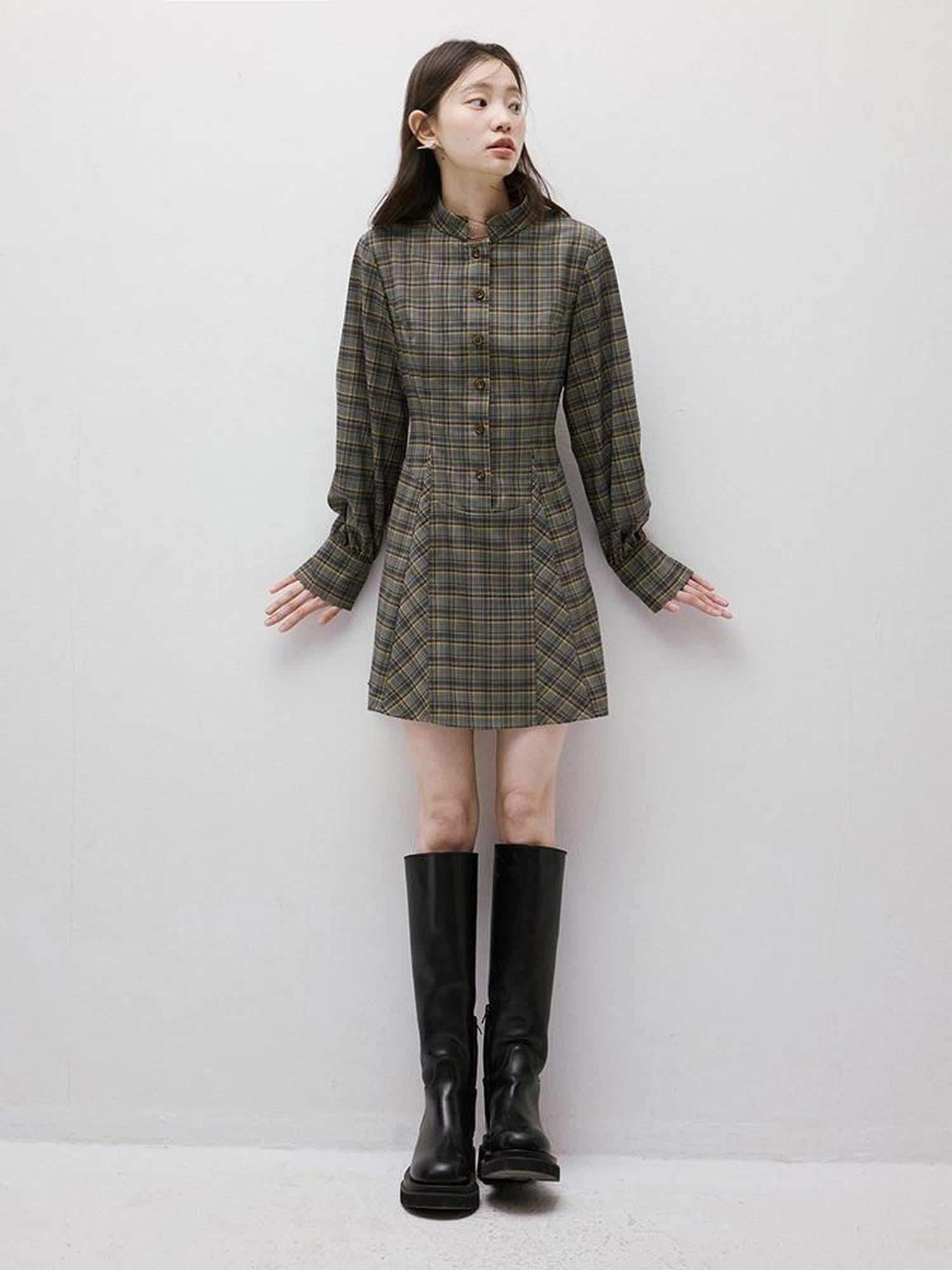 FUSSED Geek Check Shirt Dress with Cinched Waist Stand Collar and Puffed Sleeves