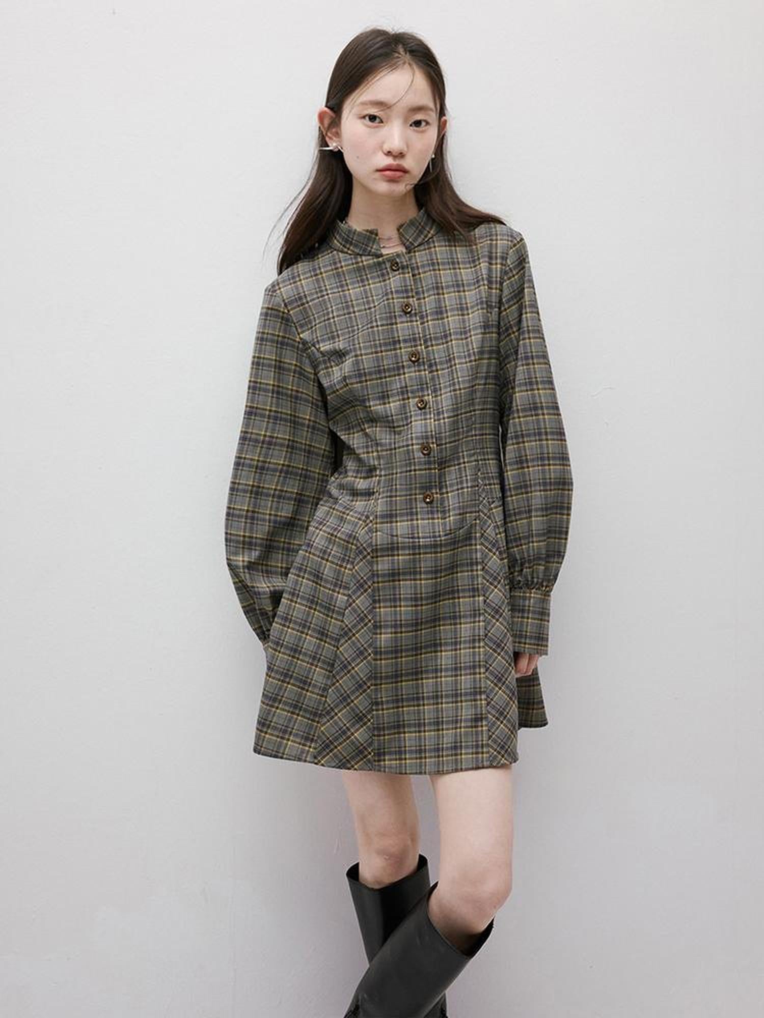 FUSSED Geek Check Shirt Dress with Cinched Waist Stand Collar and Puffed Sleeves