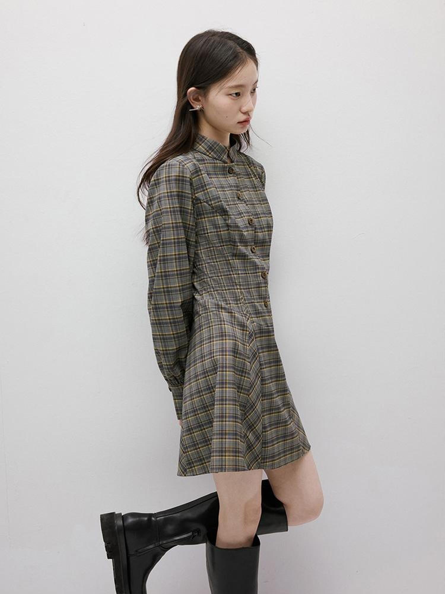 FUSSED Geek Check Shirt Dress with Cinched Waist Stand Collar and Puffed Sleeves