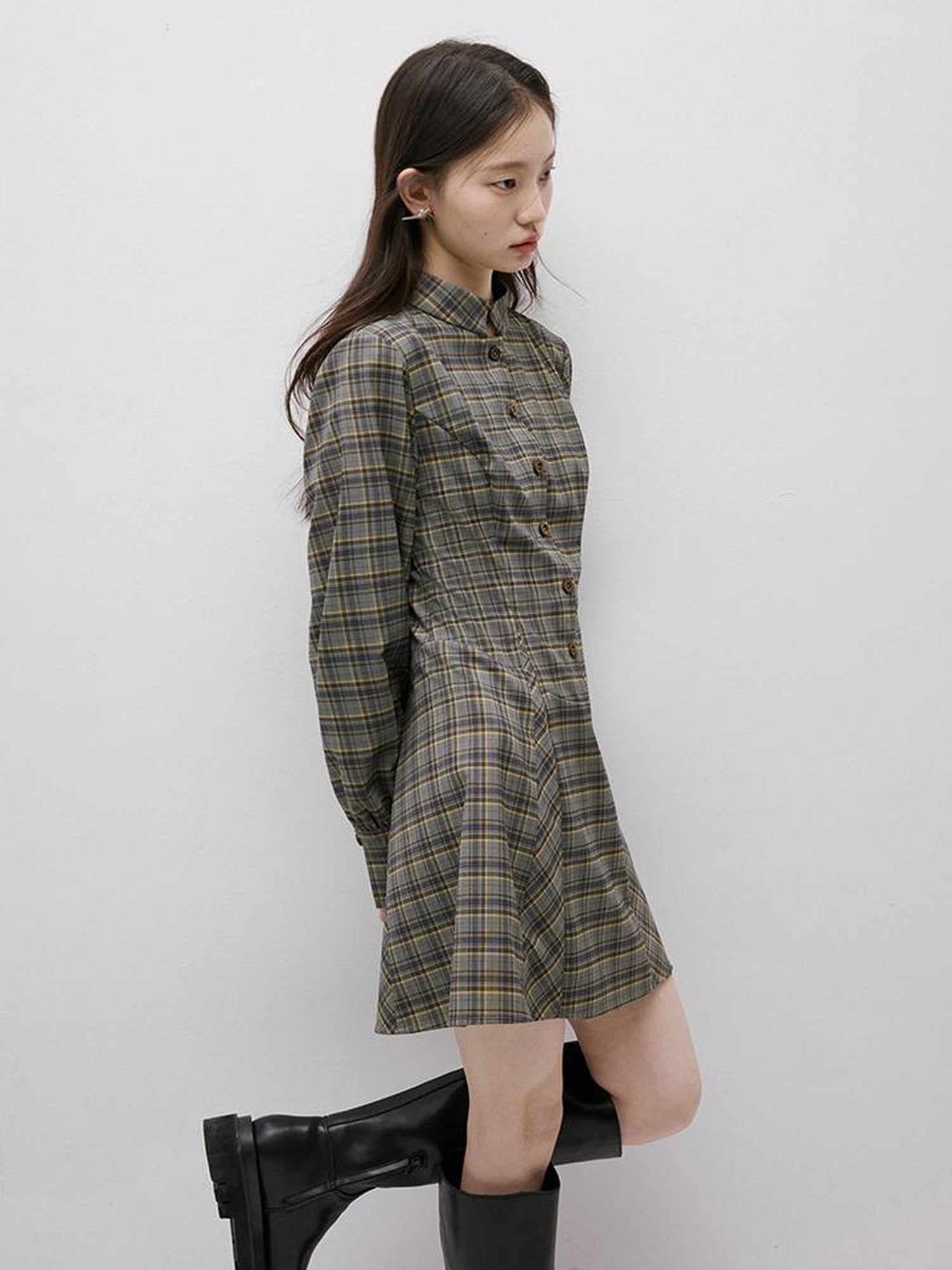 FUSSED Geek Check Shirt Dress with Cinched Waist Stand Collar and Puffed Sleeves