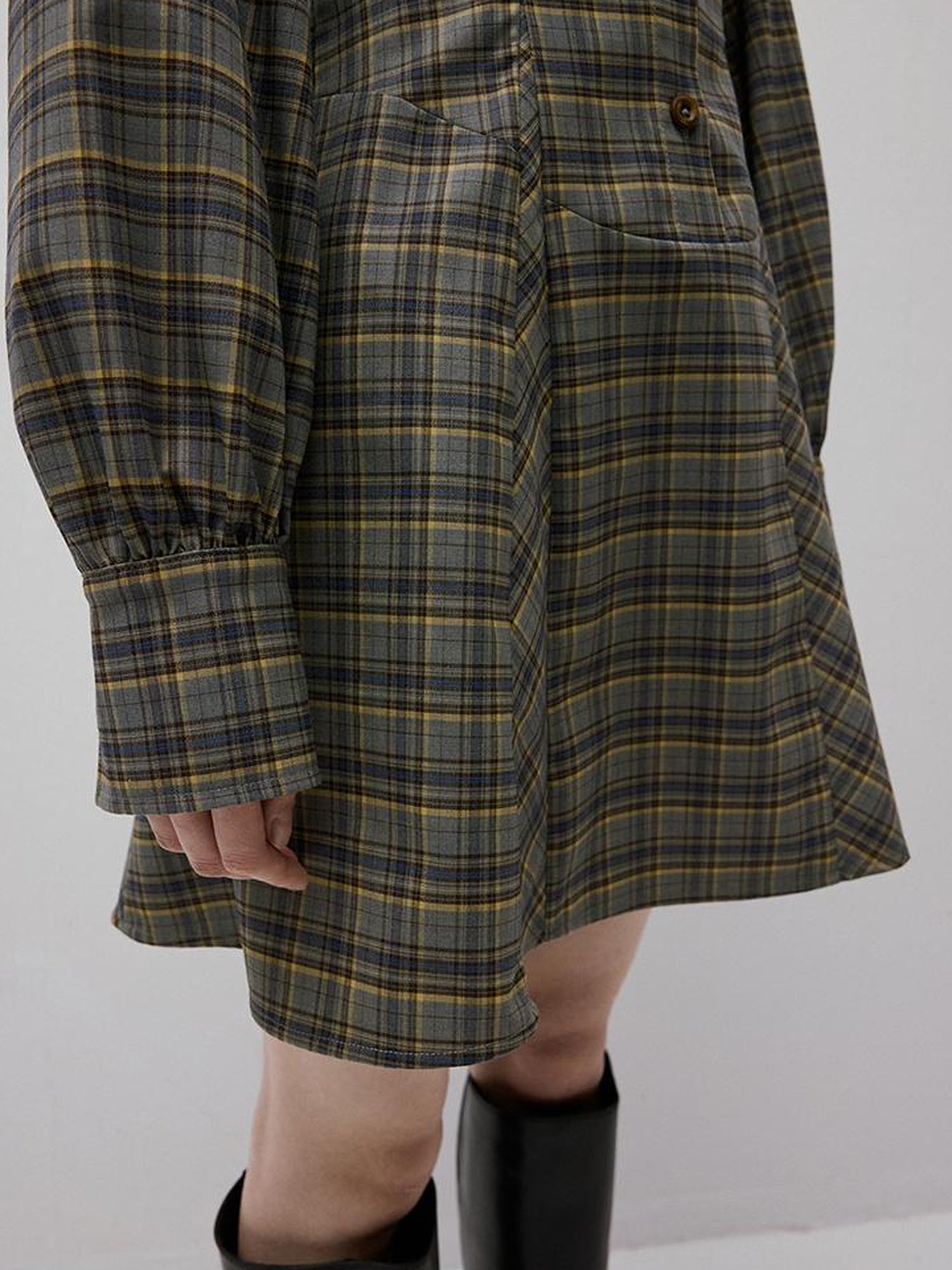FUSSED Geek Check Shirt Dress with Cinched Waist Stand Collar and Puffed Sleeves