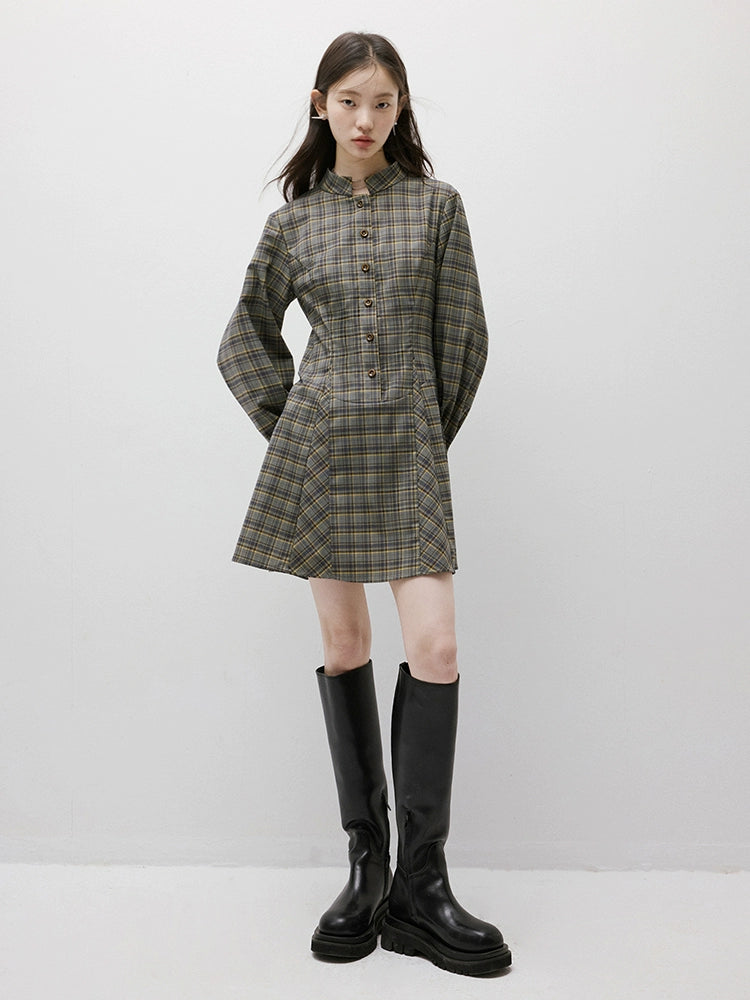 FUSSED_Geek_Check_Shirt_Dress_with_Cinched_Waist_Stand_Collar_and_Puffed_Sleeves_MISSTT