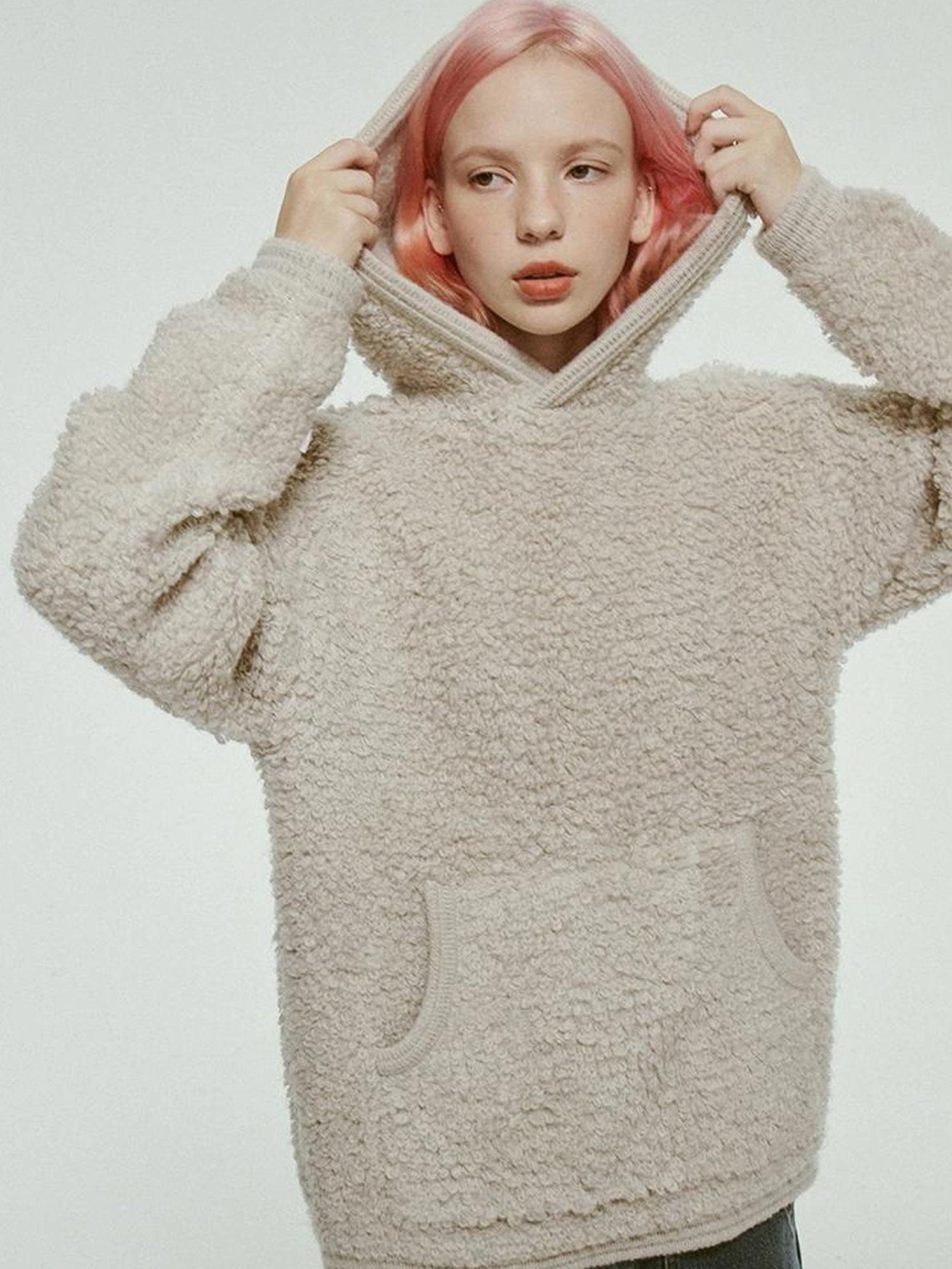 Gray White Wool Blend Fleece Hoodie