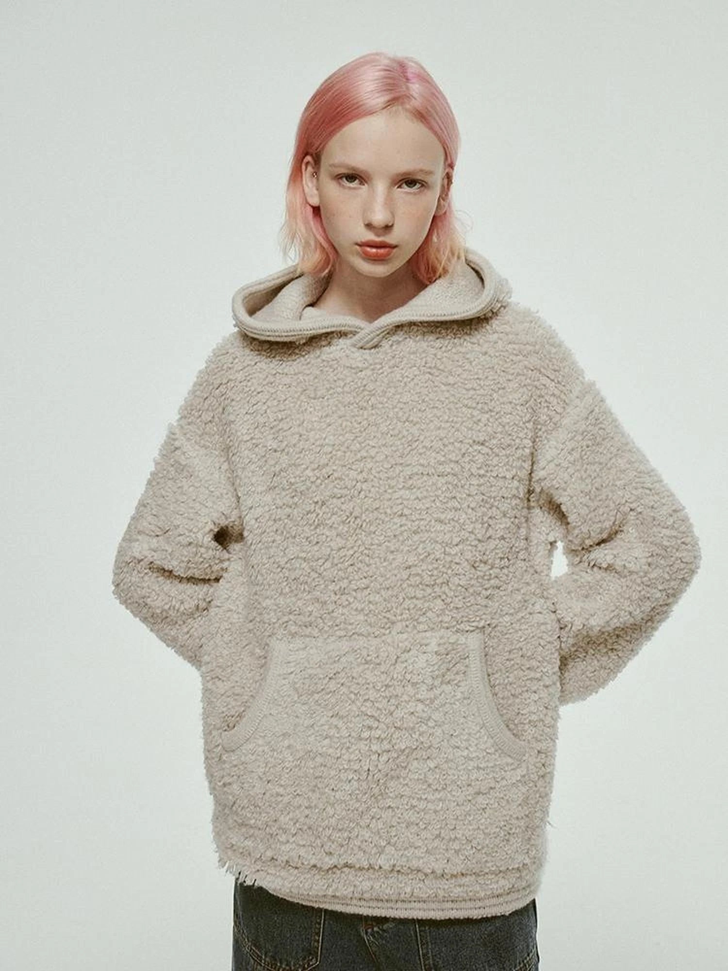 Gray White Wool Blend Fleece Hoodie