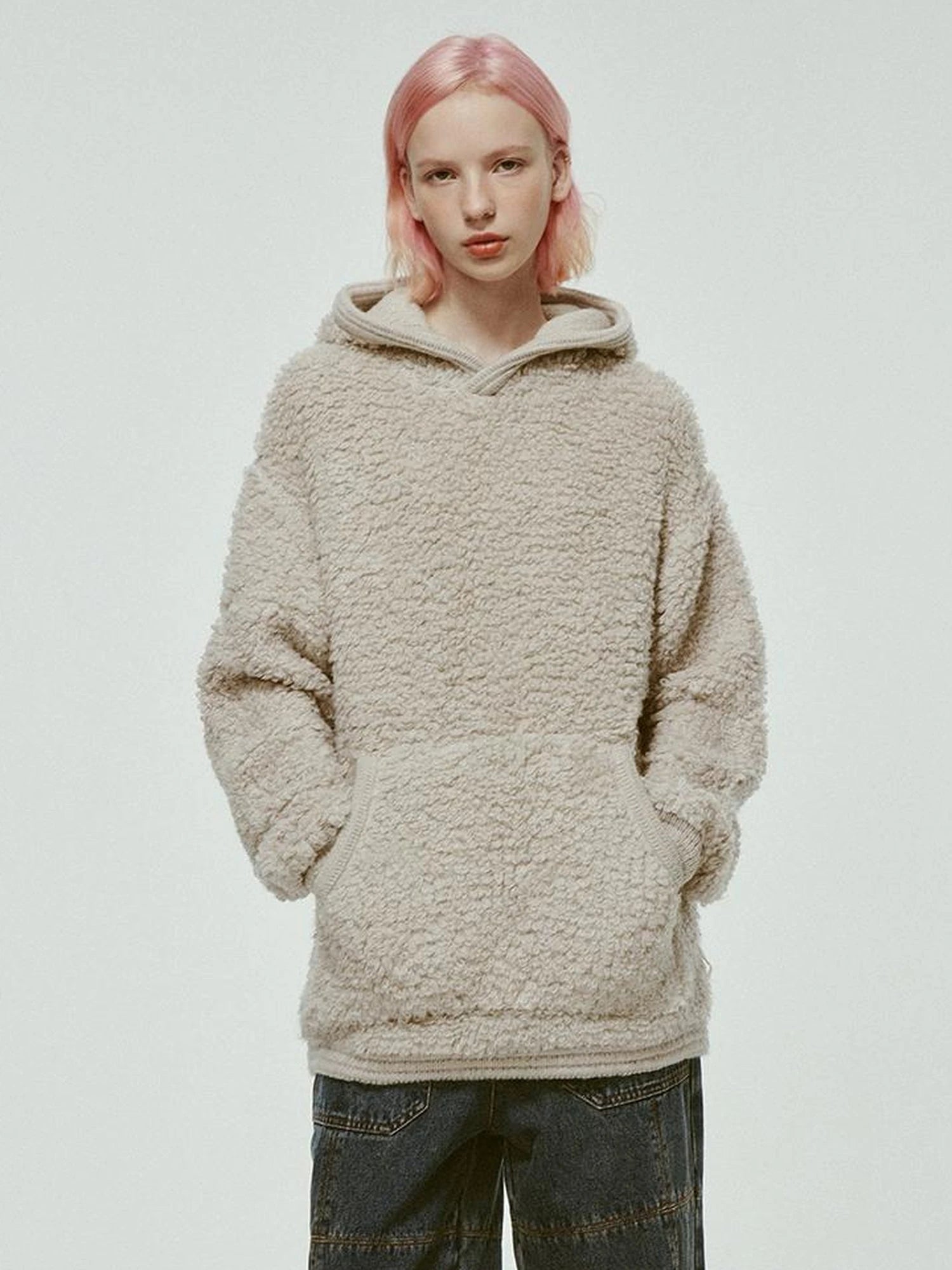 Gray White Wool Blend Fleece Hoodie