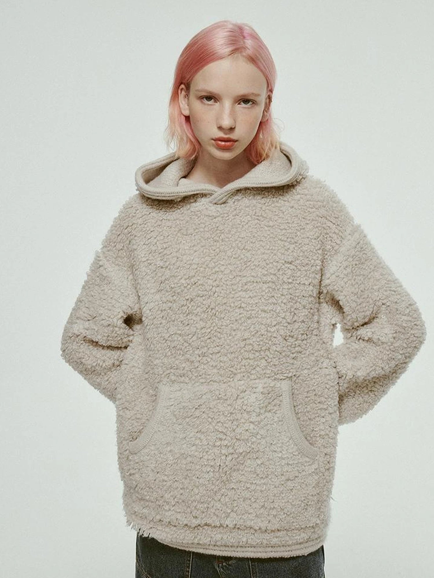 Gray White Wool Blend Fleece Hoodie