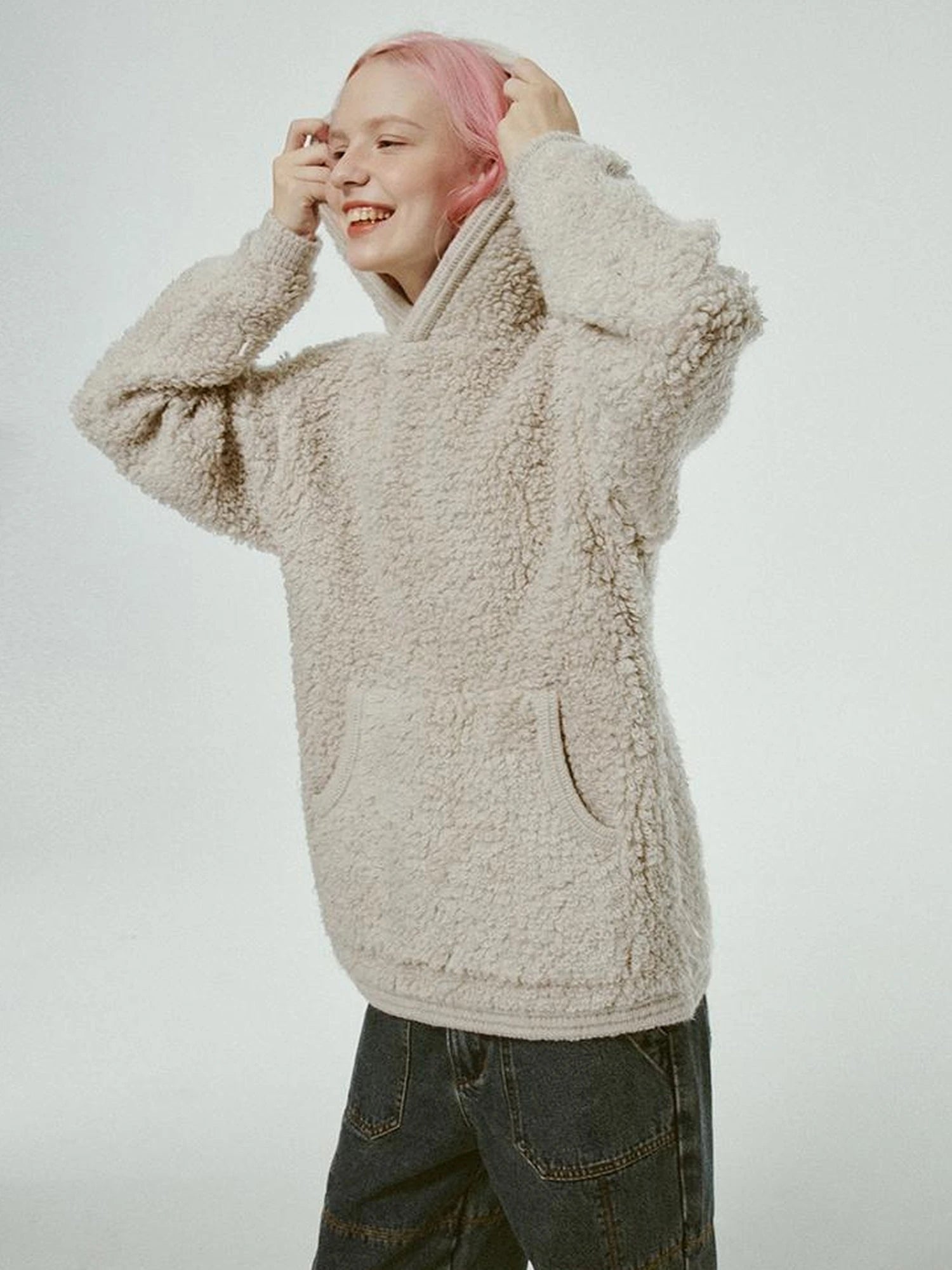 Gray White Wool Blend Fleece Hoodie