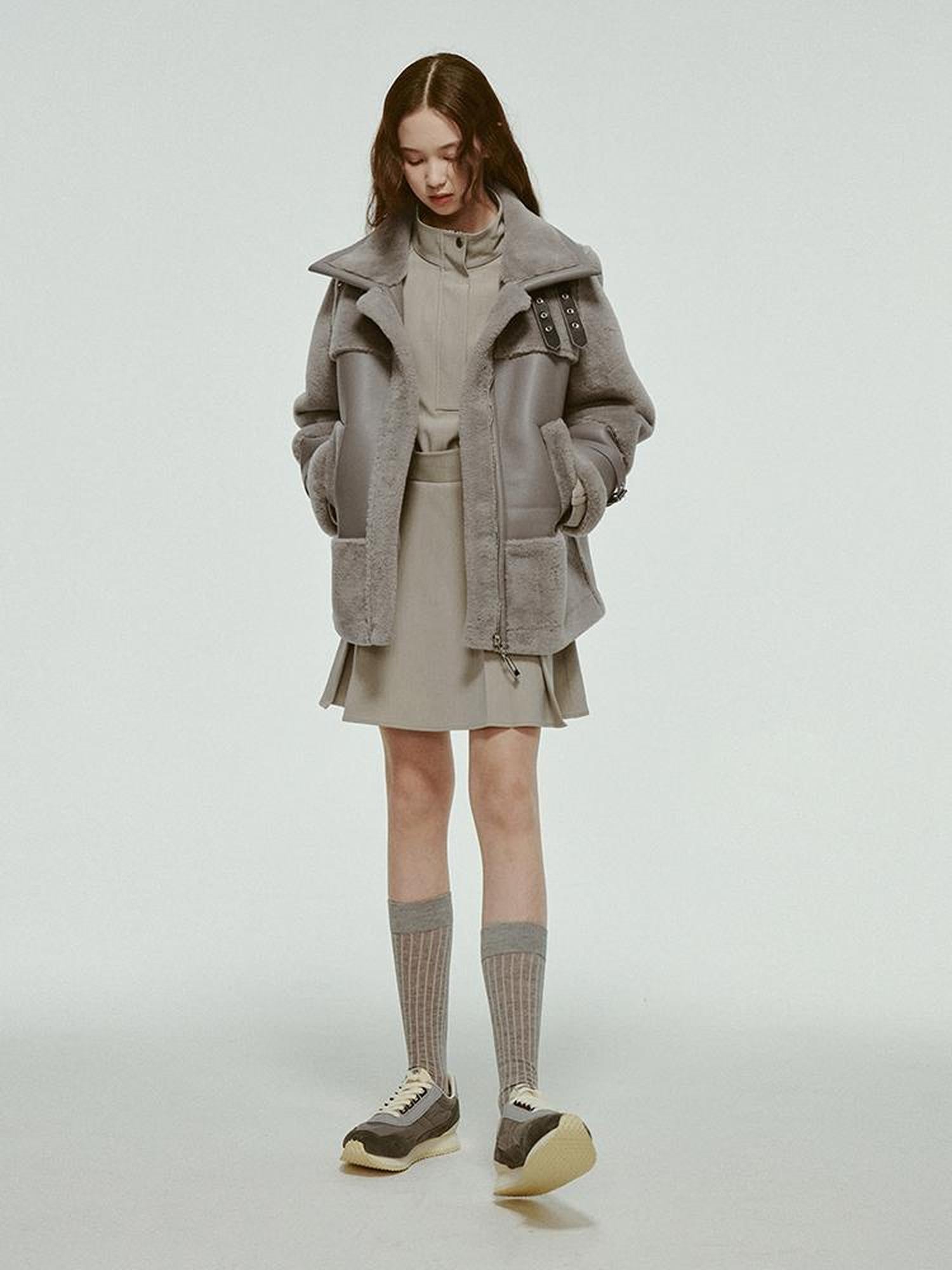 FUSSED Grey Shearling Trimmed Suede Coat With Detachable Collar
