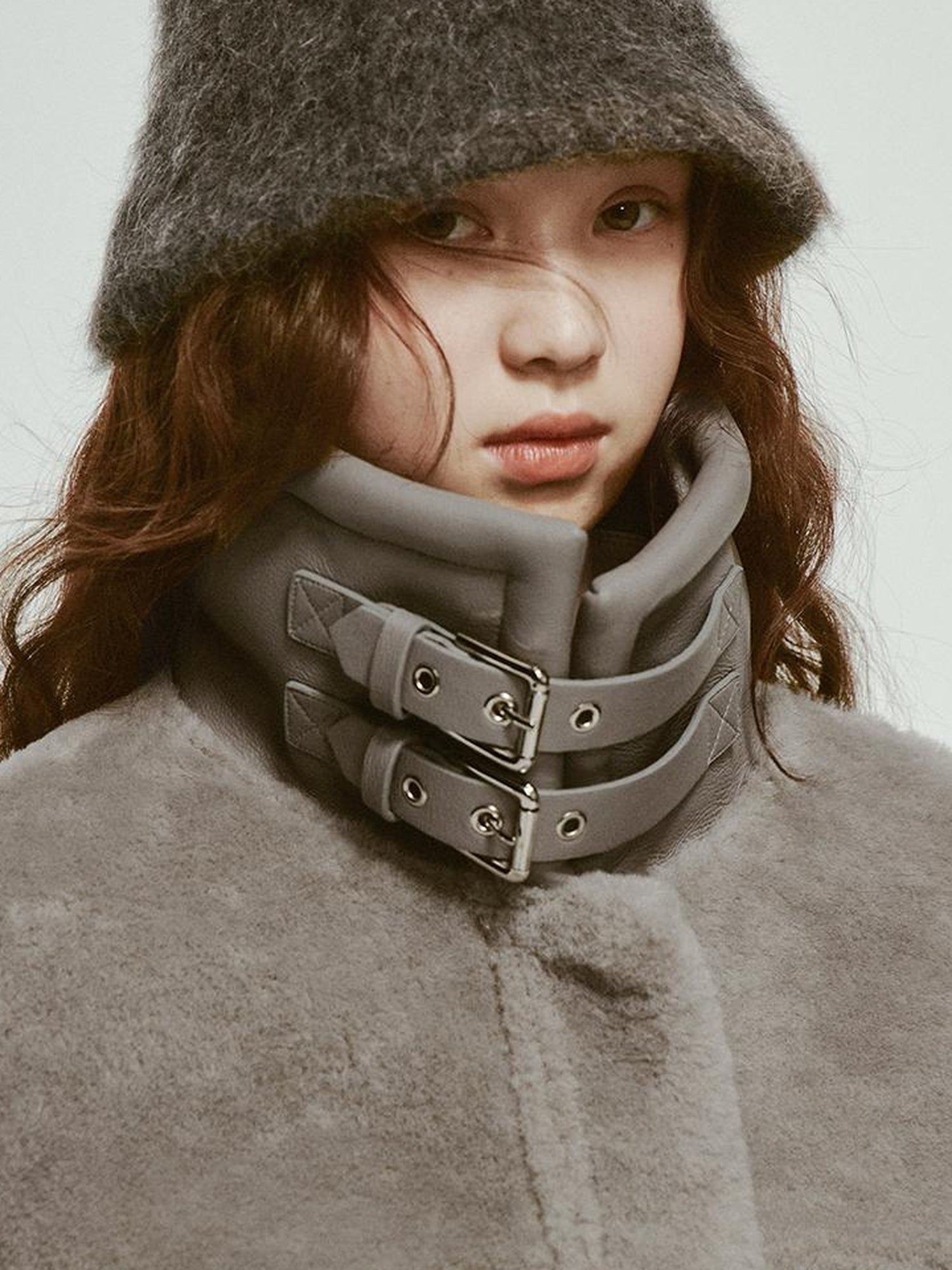 FUSSED Grey Shearling Trimmed Suede Coat With Detachable Collar