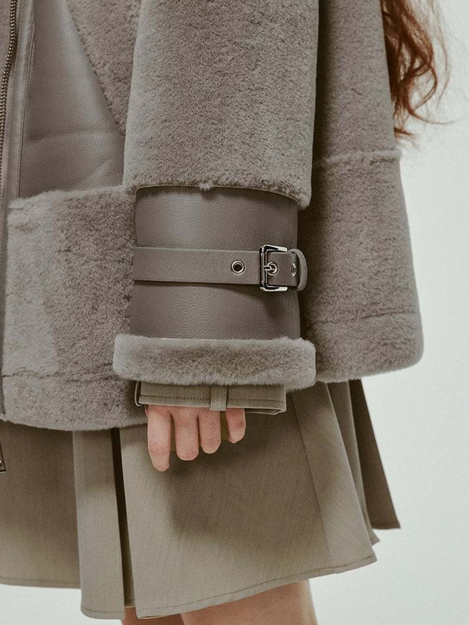 FUSSED Grey Shearling Trimmed Suede Coat With Detachable Collar