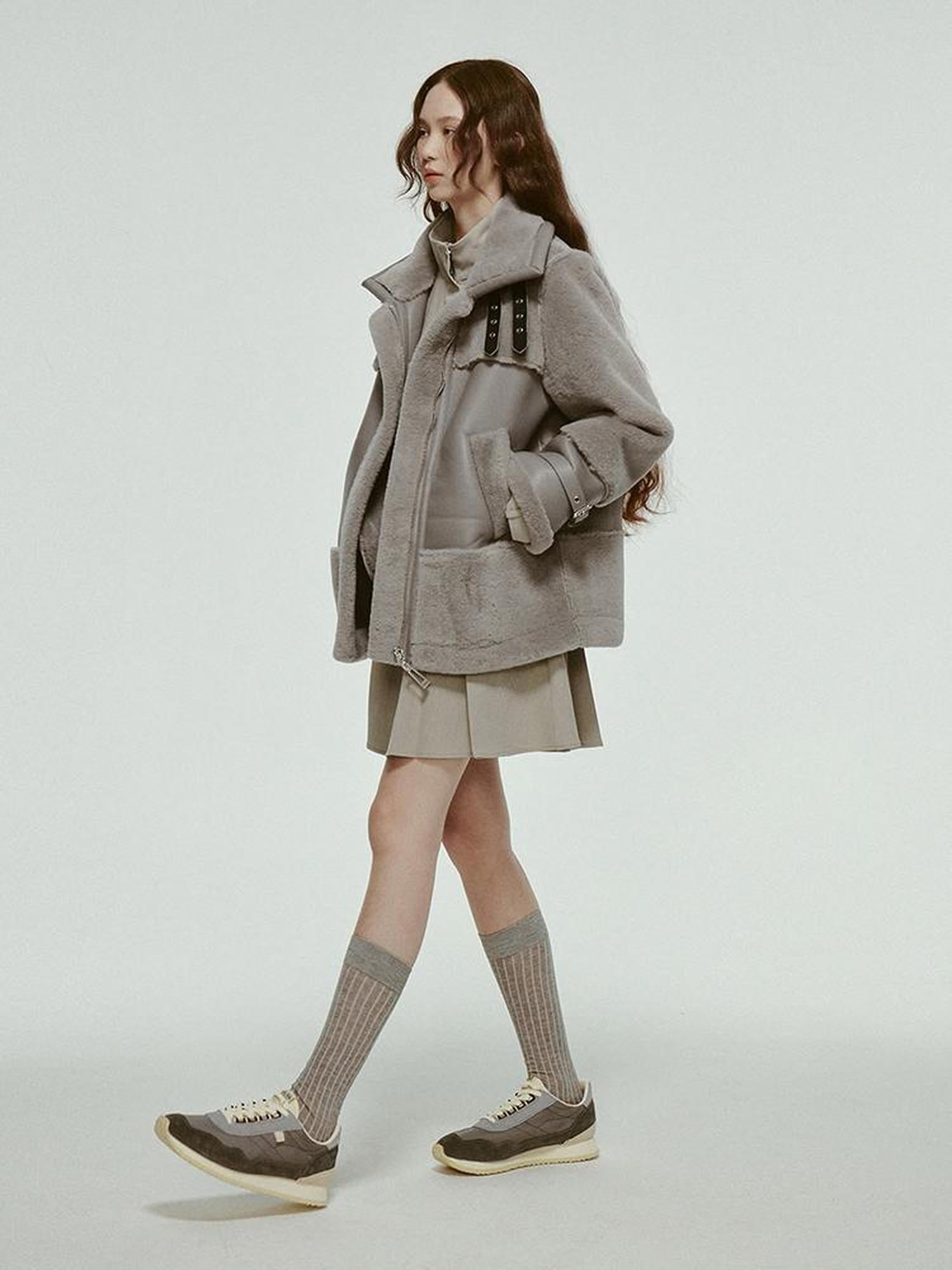 FUSSED Grey Shearling Trimmed Suede Coat With Detachable Collar
