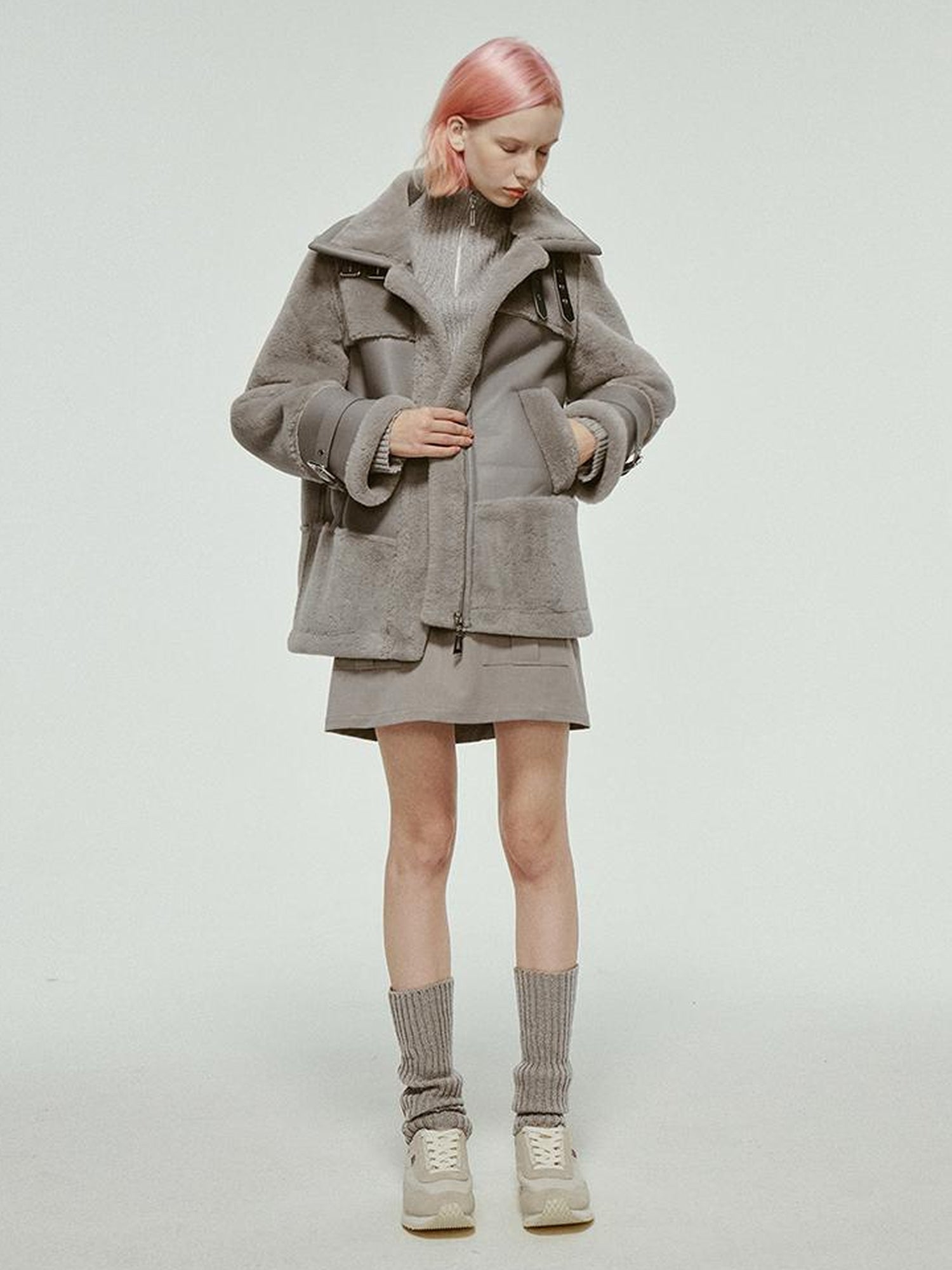 FUSSED Grey Shearling Trimmed Suede Coat With Detachable Collar