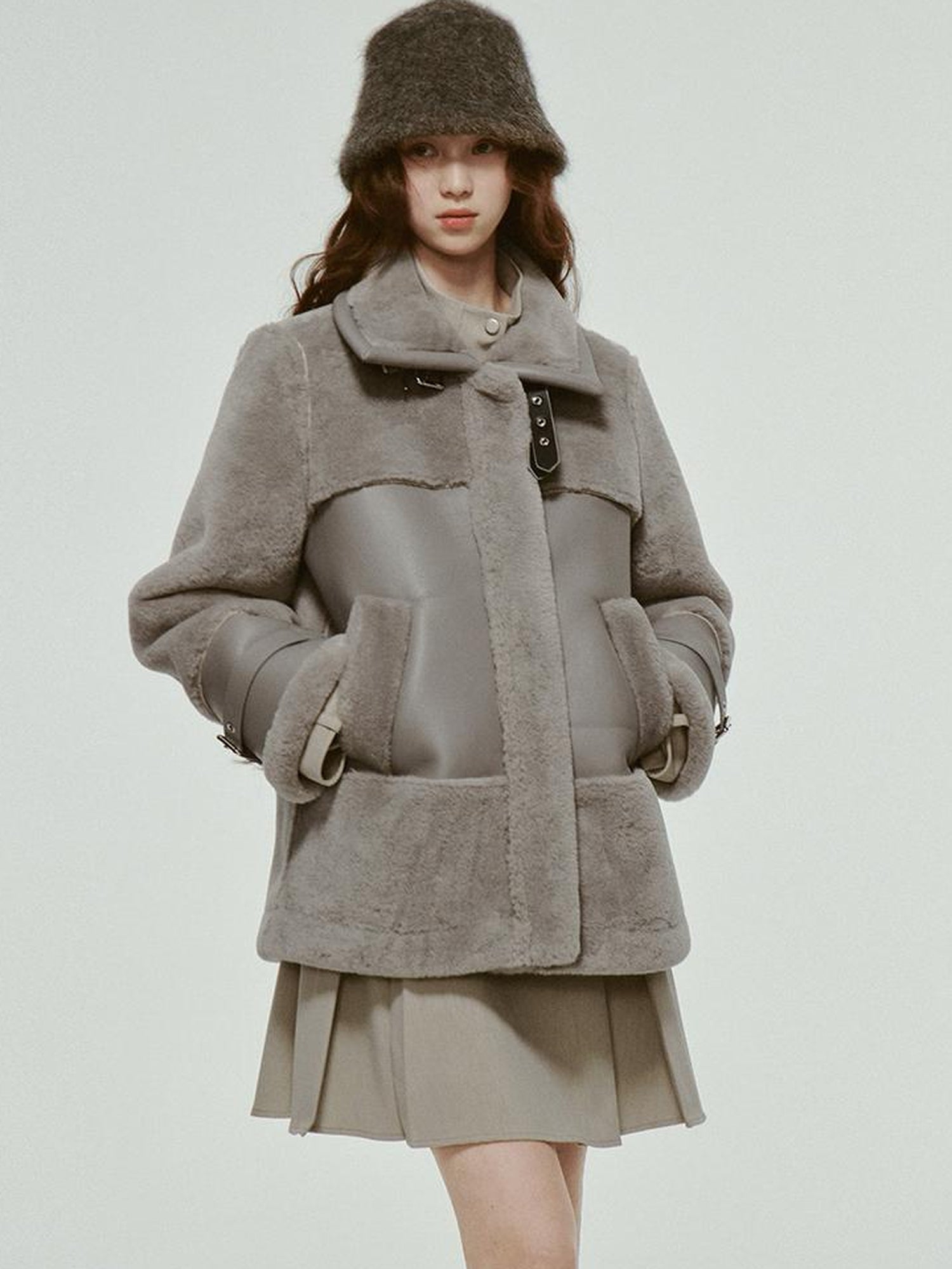FUSSED Grey Shearling Trimmed Suede Coat With Detachable Collar