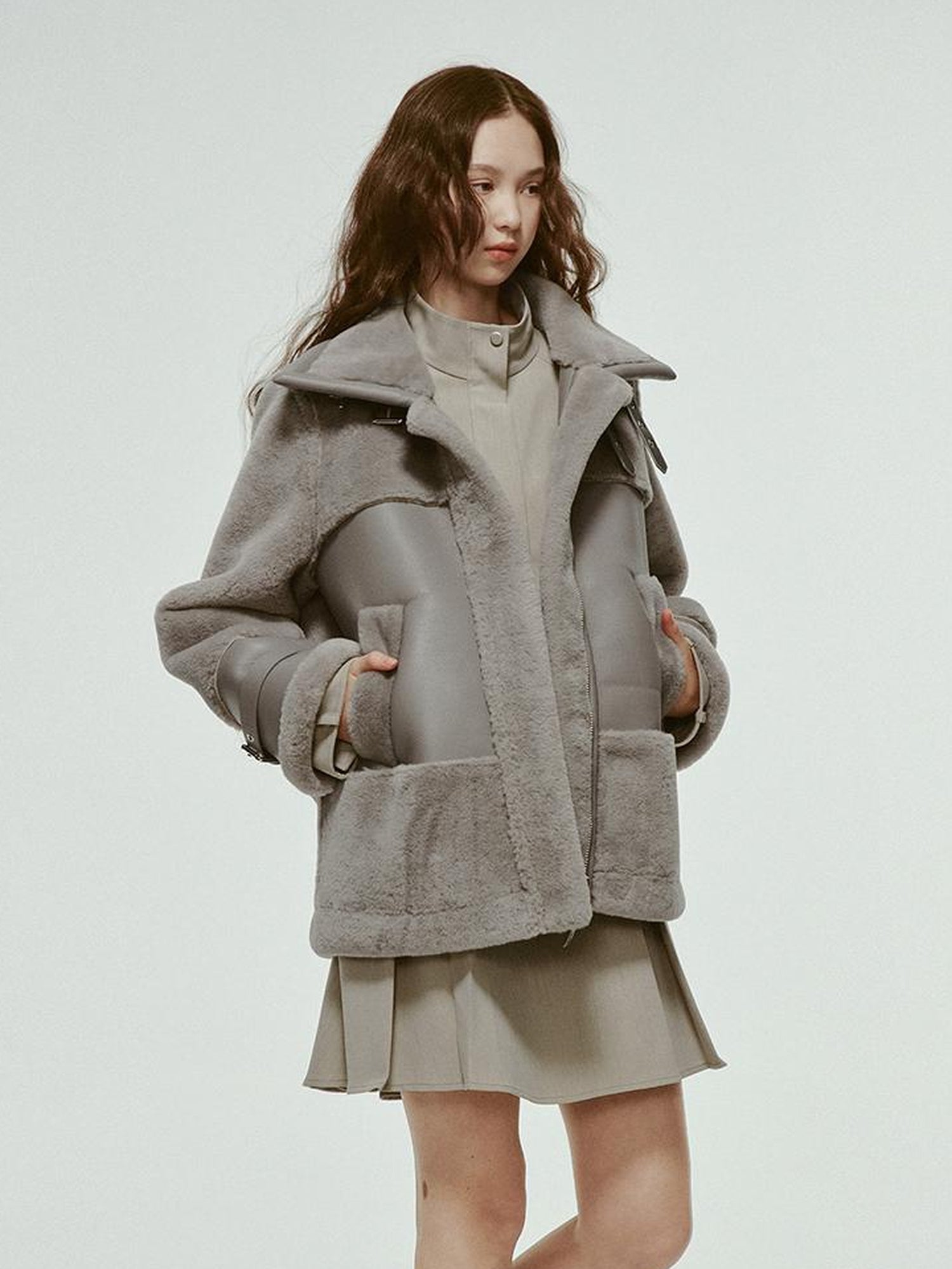 FUSSED Grey Shearling Trimmed Suede Coat With Detachable Collar