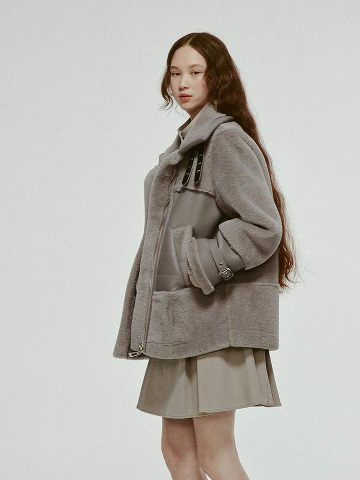 FUSSED Grey Shearling Trimmed Suede Coat With Detachable Collar