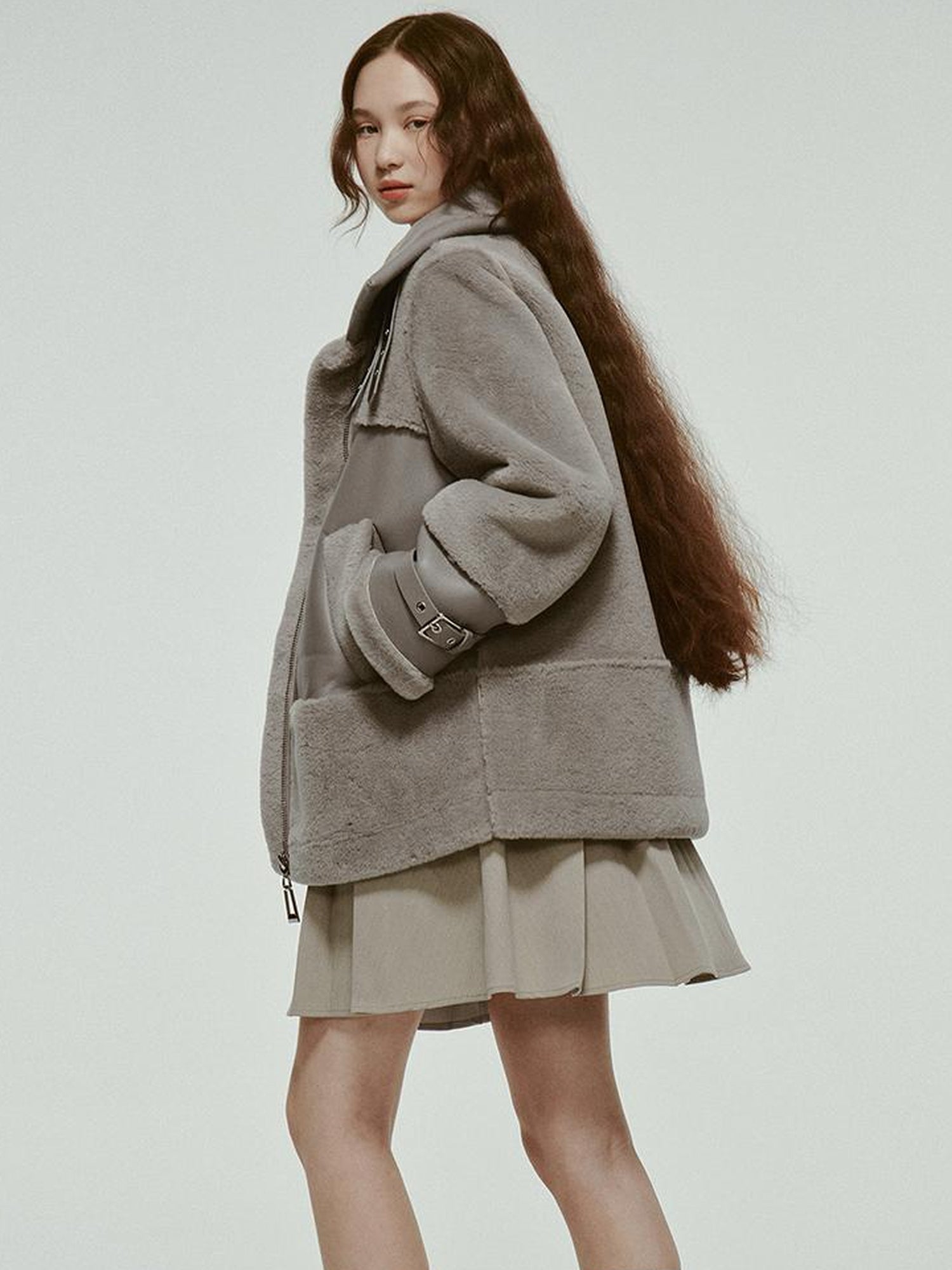 FUSSED Grey Shearling Trimmed Suede Coat With Detachable Collar