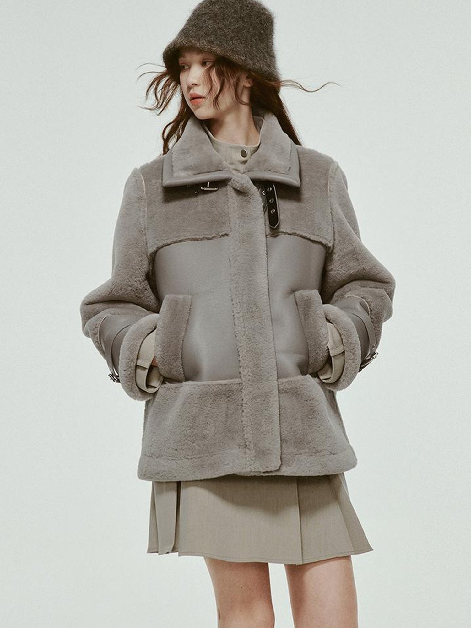 FUSSED Grey Shearling Trimmed Suede Coat With Detachable Collar