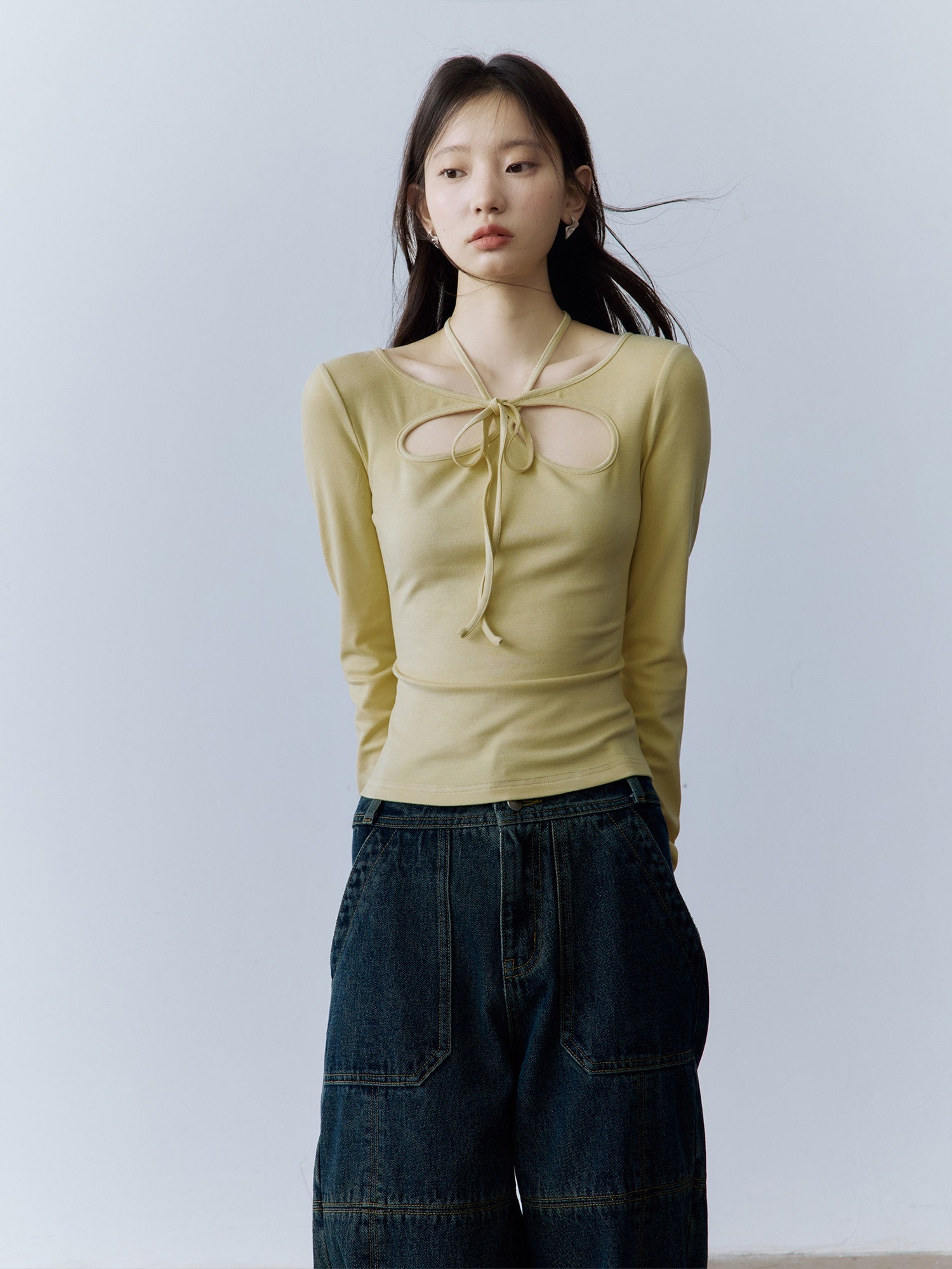 FUSSED_Halter_Neck_Slim_Fit_Girlish_Women_Long_Sleeve_Solid_Crewneck_Pullover_T-Shirt_MISSTT