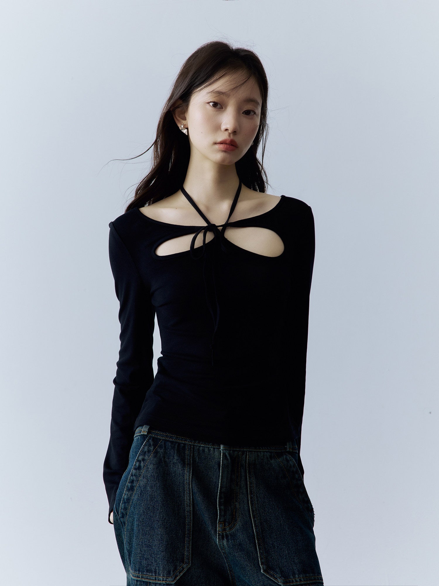 FUSSED_Halter_Neck_Slim_Fit_Girlish_Women_Long_Sleeve_Solid_Crewneck_Pullover_T-Shirt_MISSTT