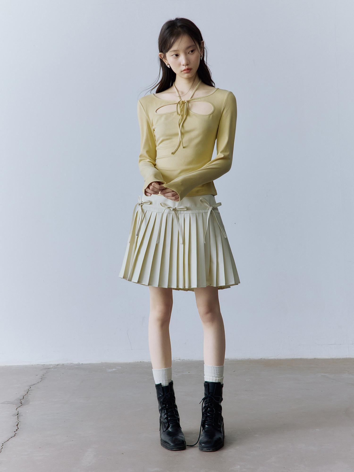 FUSSED Halter Neck Slim Fit Girlish Women Long Sleeve Solid Crewneck Pullover T-Shirt