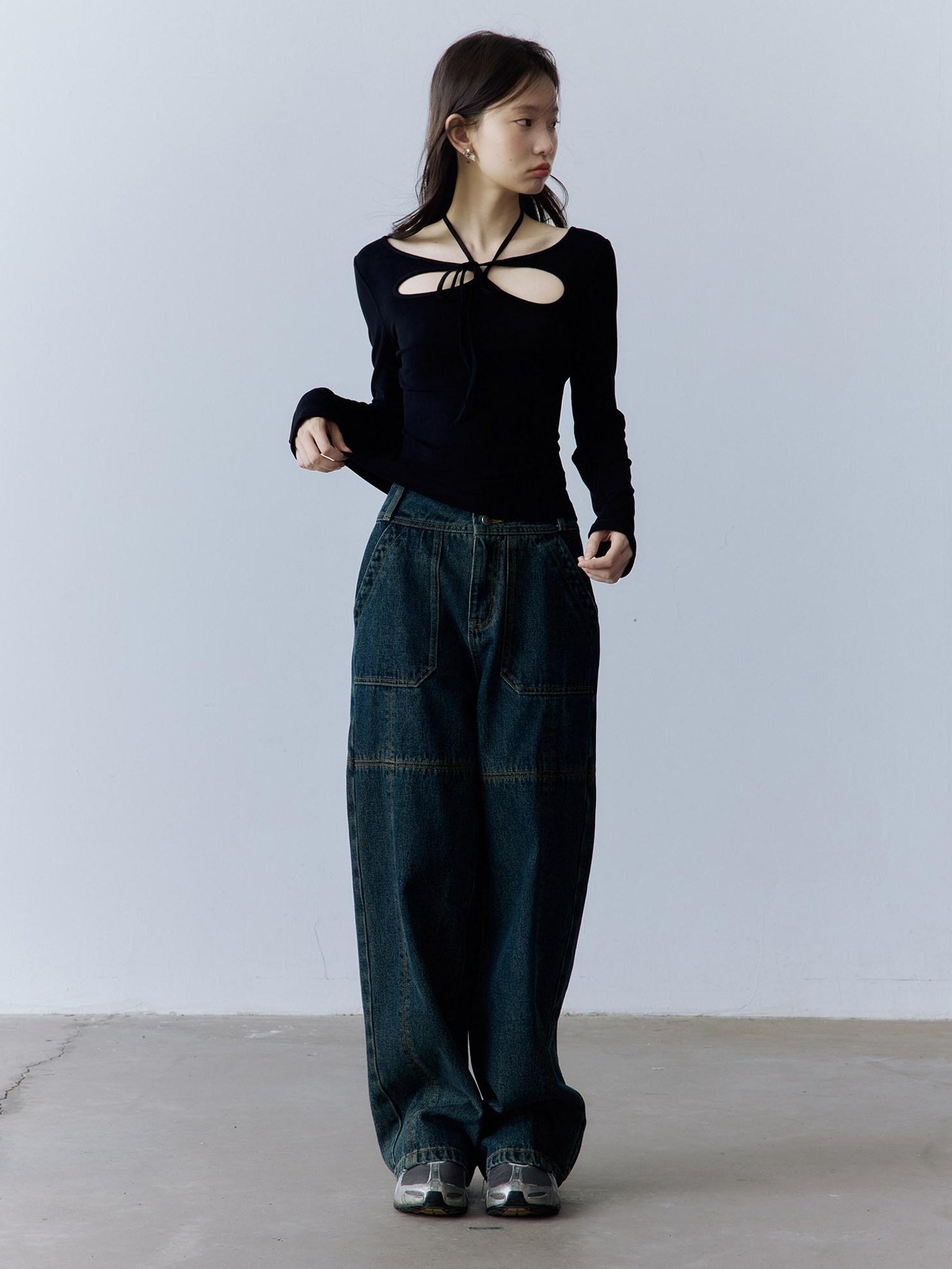 FUSSED Halter Neck Slim Fit Girlish Women Long Sleeve Solid Crewneck Pullover T-Shirt