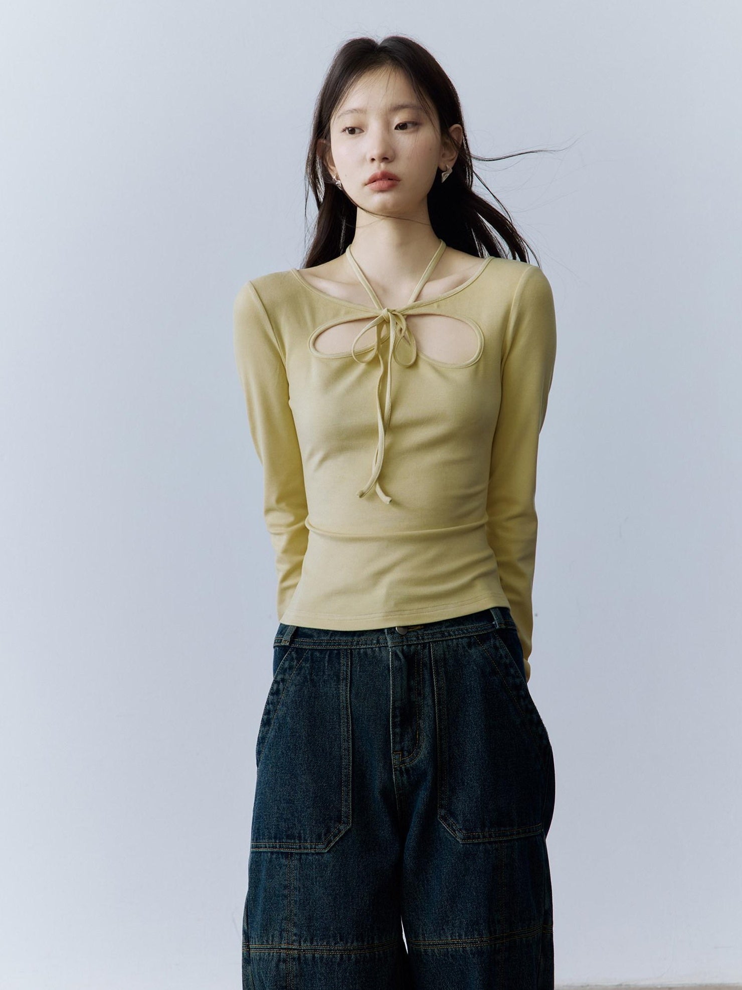 FUSSED Halter Neck Slim Fit Girlish Women Long Sleeve Solid Crewneck Pullover T-Shirt