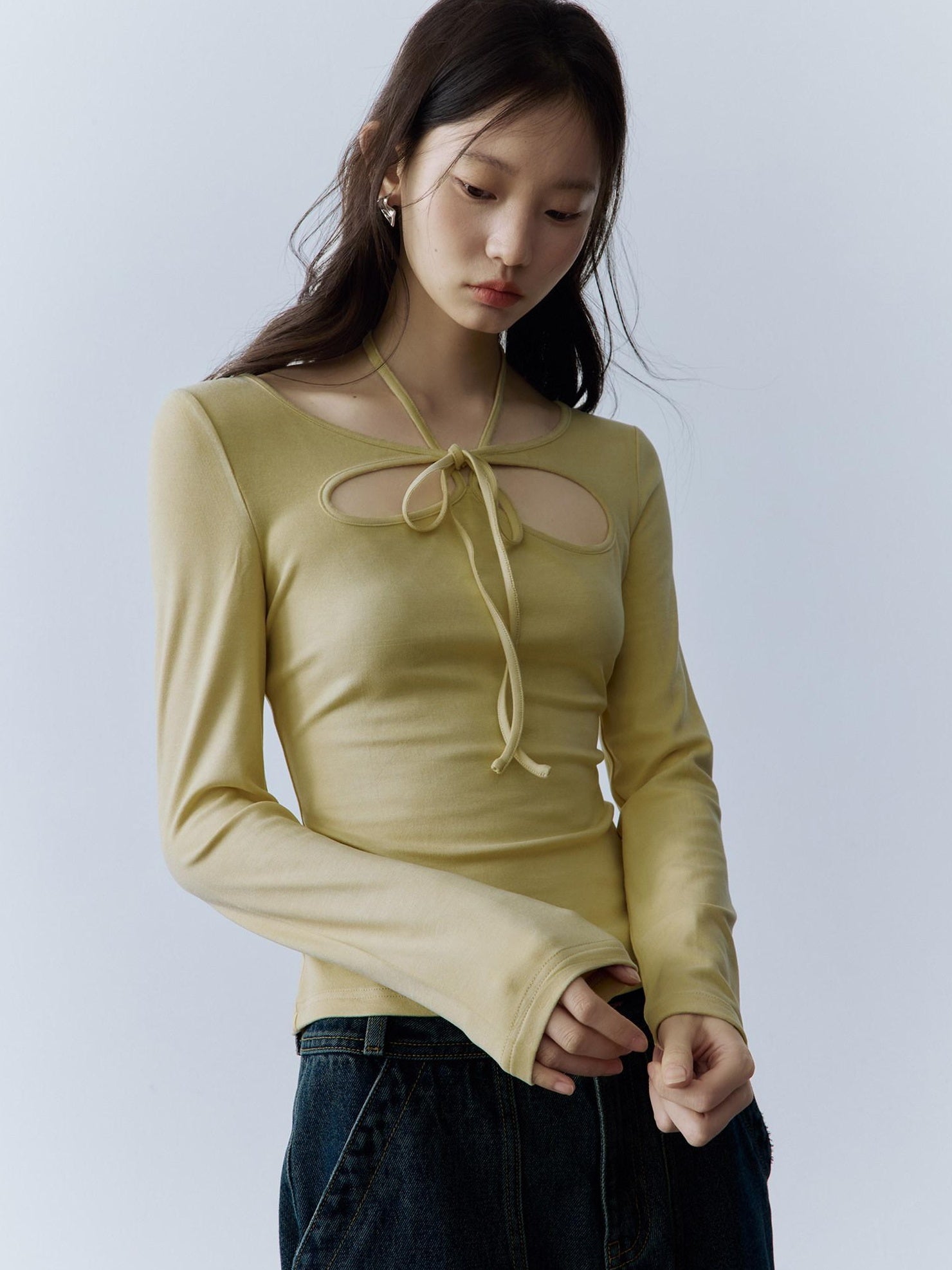 FUSSED Halter Neck Slim Fit Girlish Women Long Sleeve Solid Crewneck Pullover T-Shirt