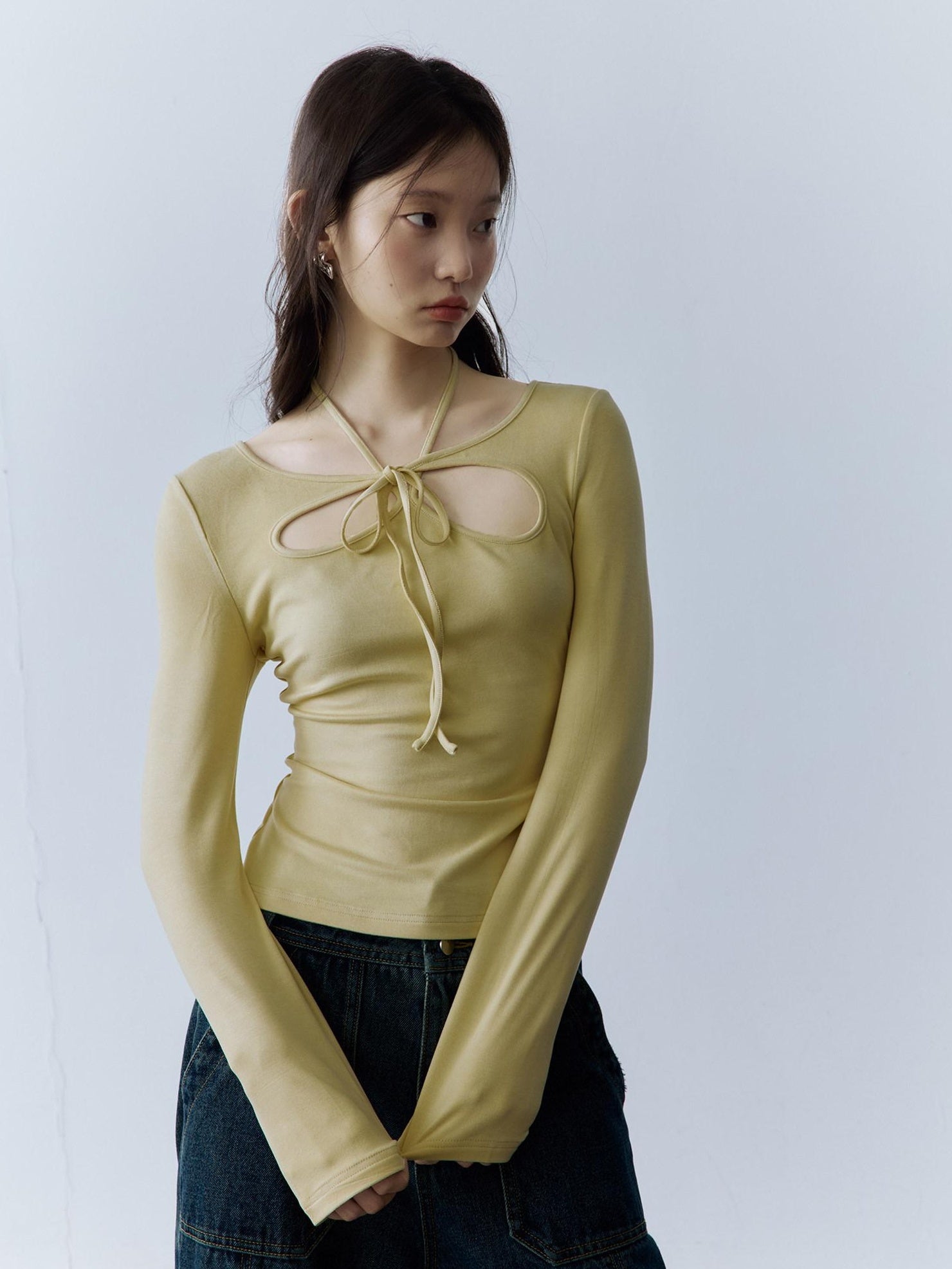 FUSSED Halter Neck Slim Fit Girlish Women Long Sleeve Solid Crewneck Pullover T-Shirt