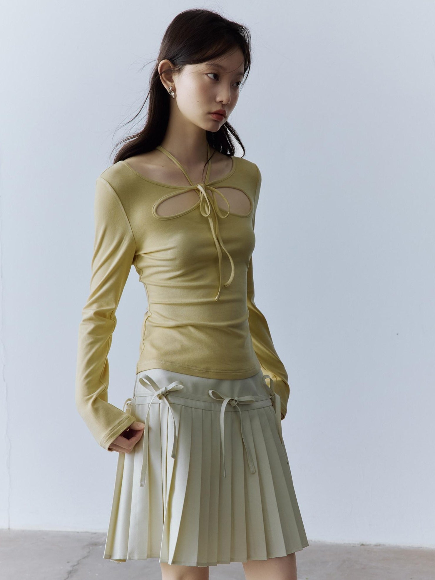 FUSSED Halter Neck Slim Fit Girlish Women Long Sleeve Solid Crewneck Pullover T-Shirt