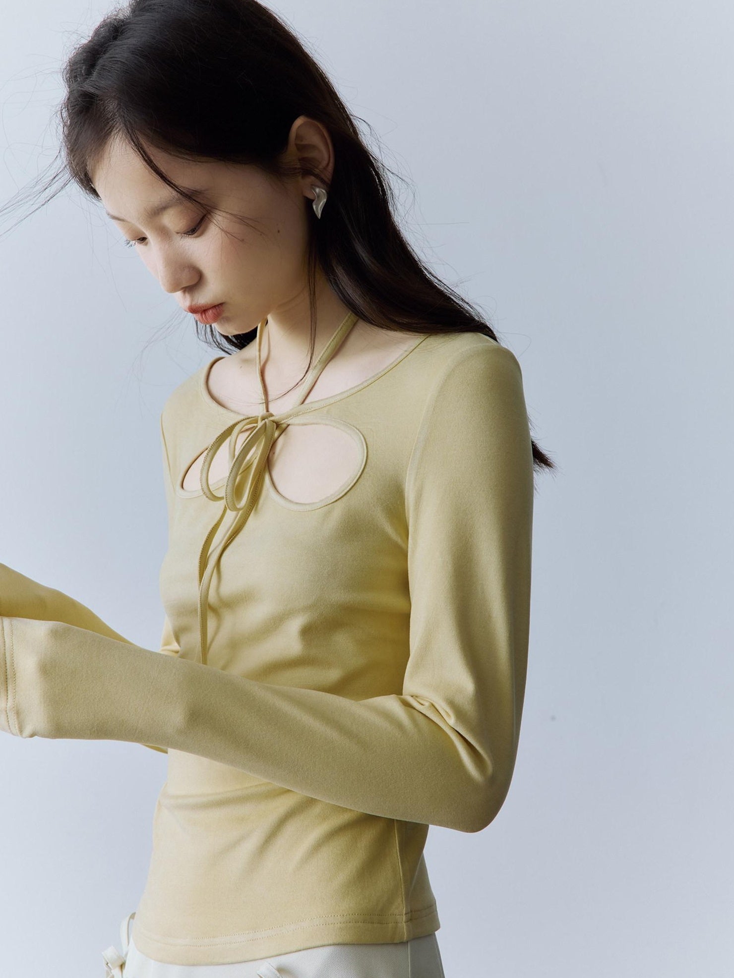 FUSSED Halter Neck Slim Fit Girlish Women Long Sleeve Solid Crewneck Pullover T-Shirt