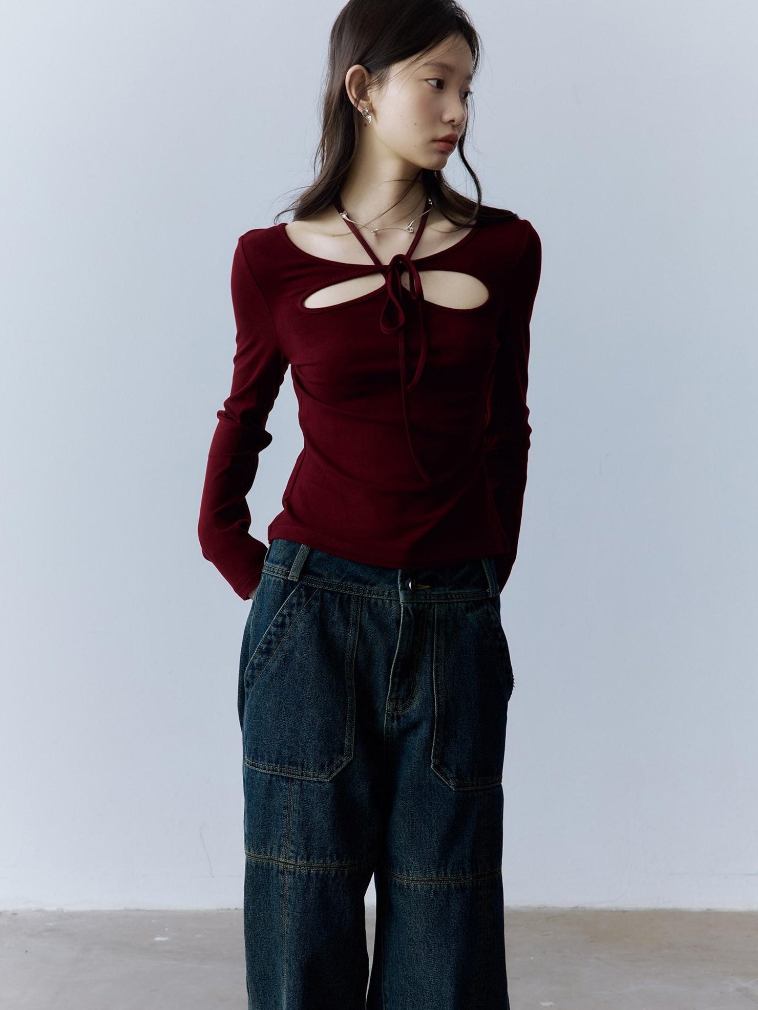 FUSSED Halter Neck Slim Fit Girlish Women Long Sleeve Solid Crewneck Pullover T-Shirt