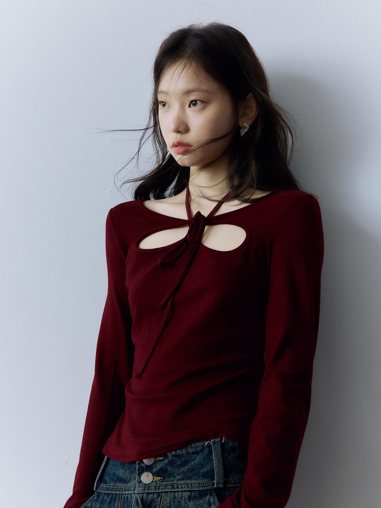 FUSSED Halter Neck Slim Fit Girlish Women Long Sleeve Solid Crewneck Pullover T-Shirt