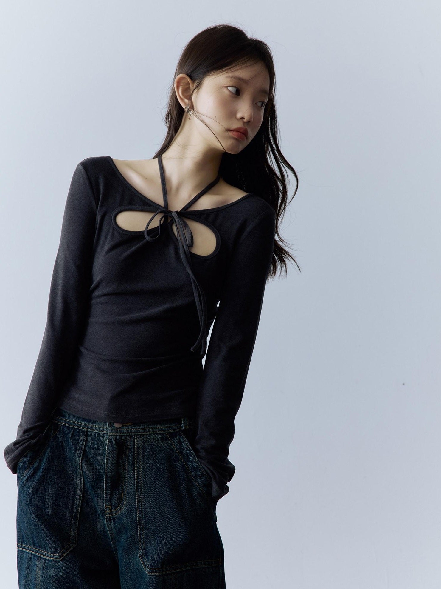 FUSSED Halter Neck Slim Fit Girlish Women Long Sleeve Solid Crewneck Pullover T-Shirt