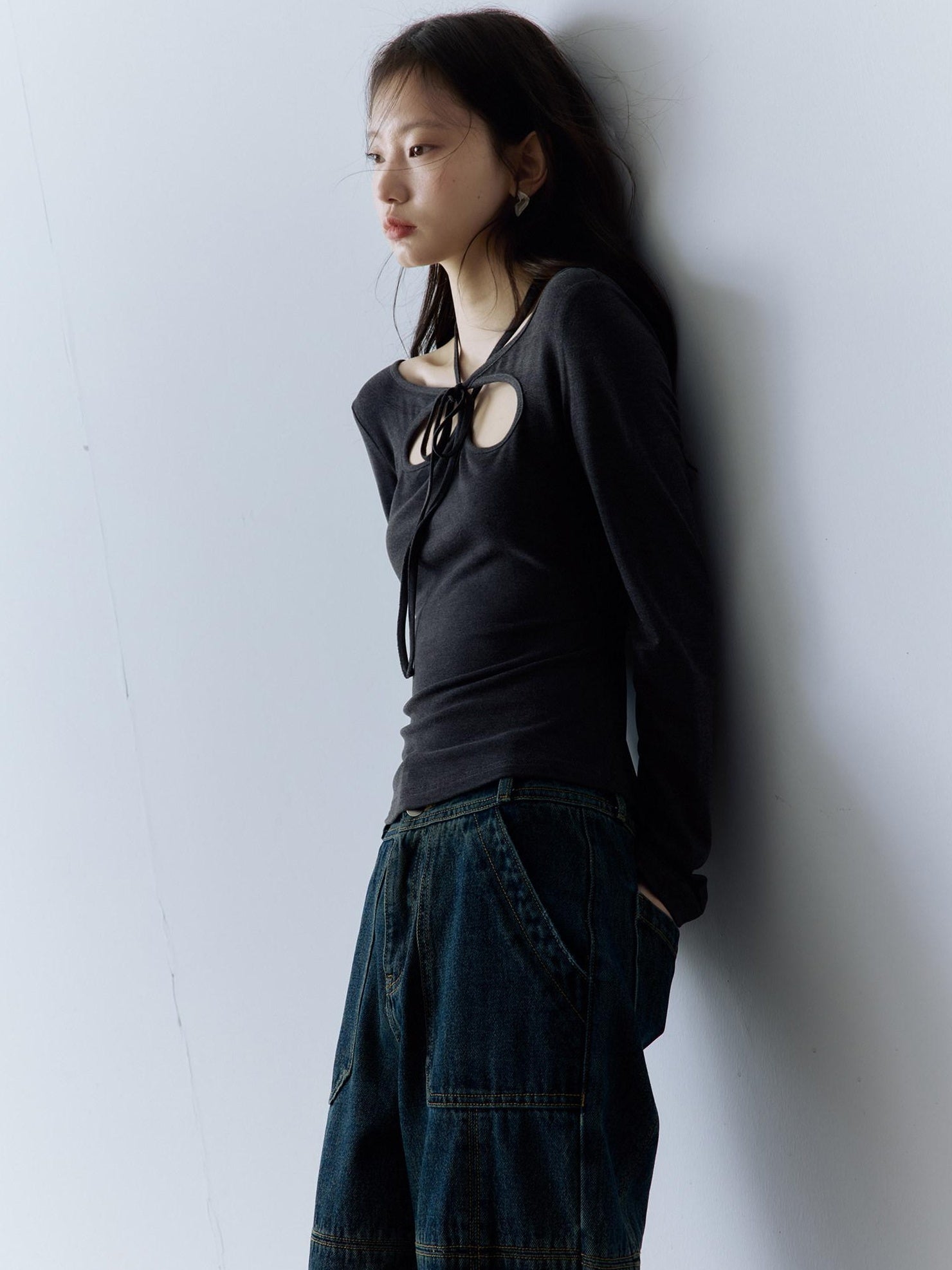 FUSSED Halter Neck Slim Fit Girlish Women Long Sleeve Solid Crewneck Pullover T-Shirt