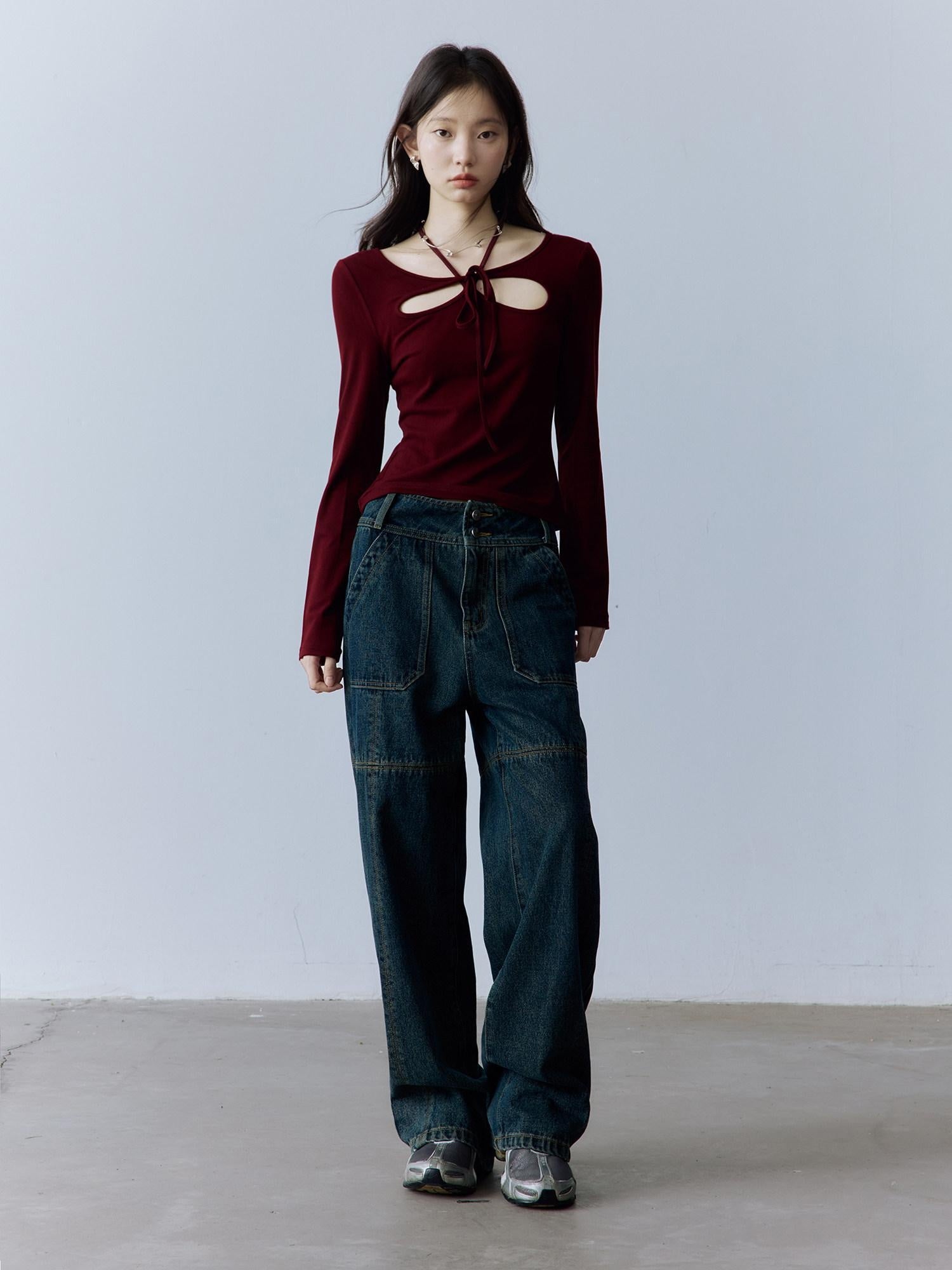 FUSSED Halter Neck Slim Fit Girlish Women Long Sleeve Solid Crewneck Pullover T-Shirt