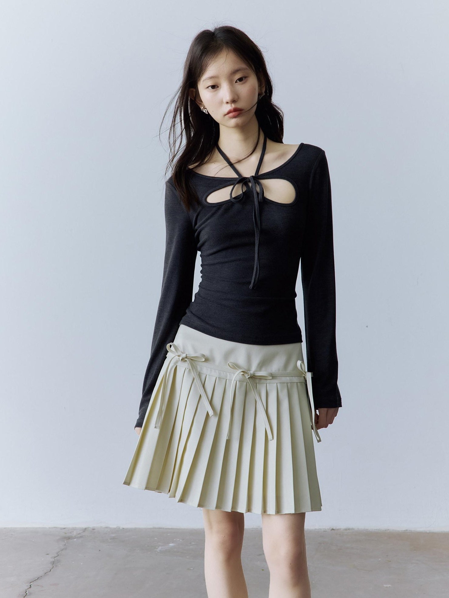 FUSSED Halter Neck Slim Fit Girlish Women Long Sleeve Solid Crewneck Pullover T-Shirt