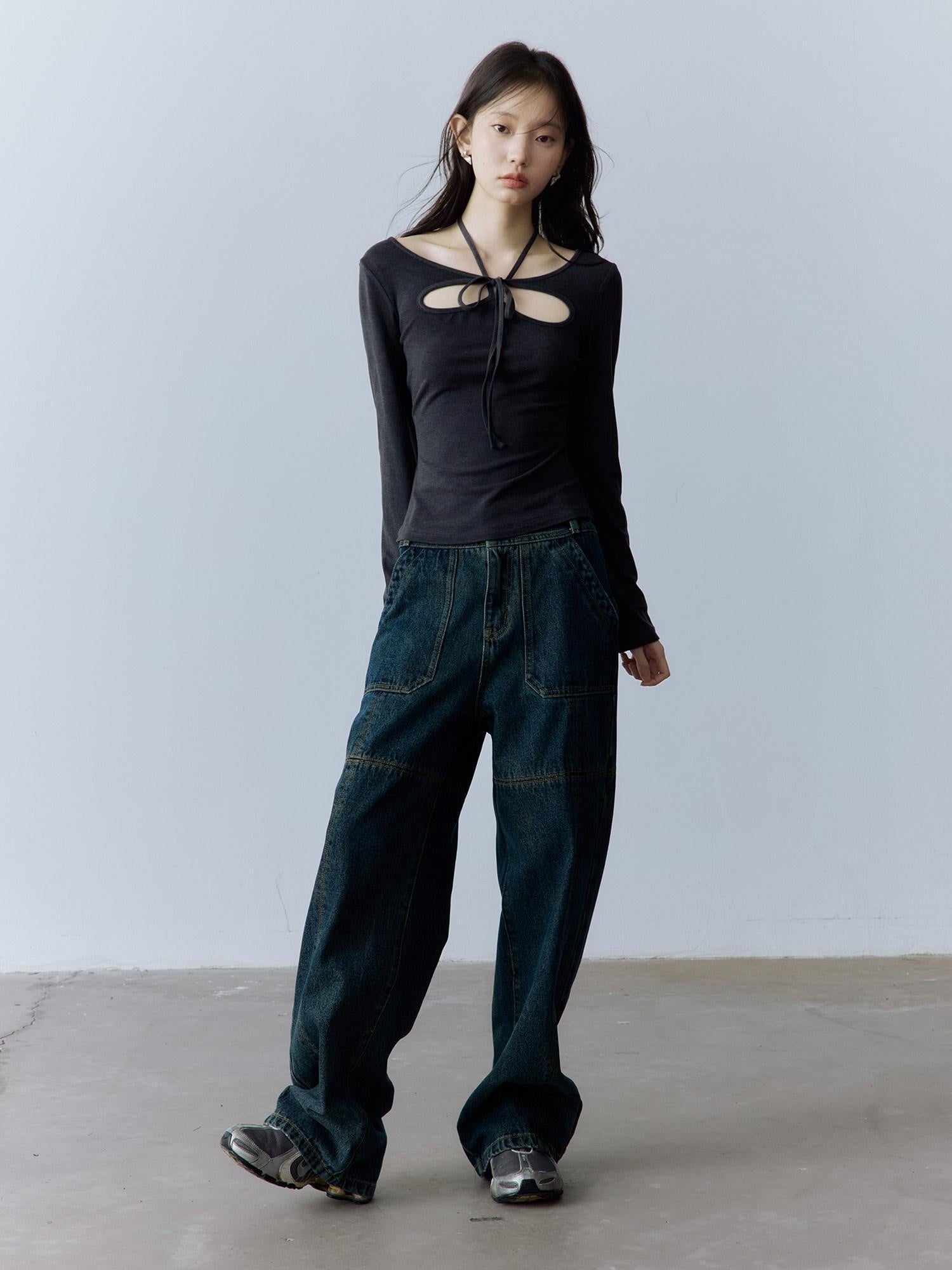 FUSSED Halter Neck Slim Fit Girlish Women Long Sleeve Solid Crewneck Pullover T-Shirt