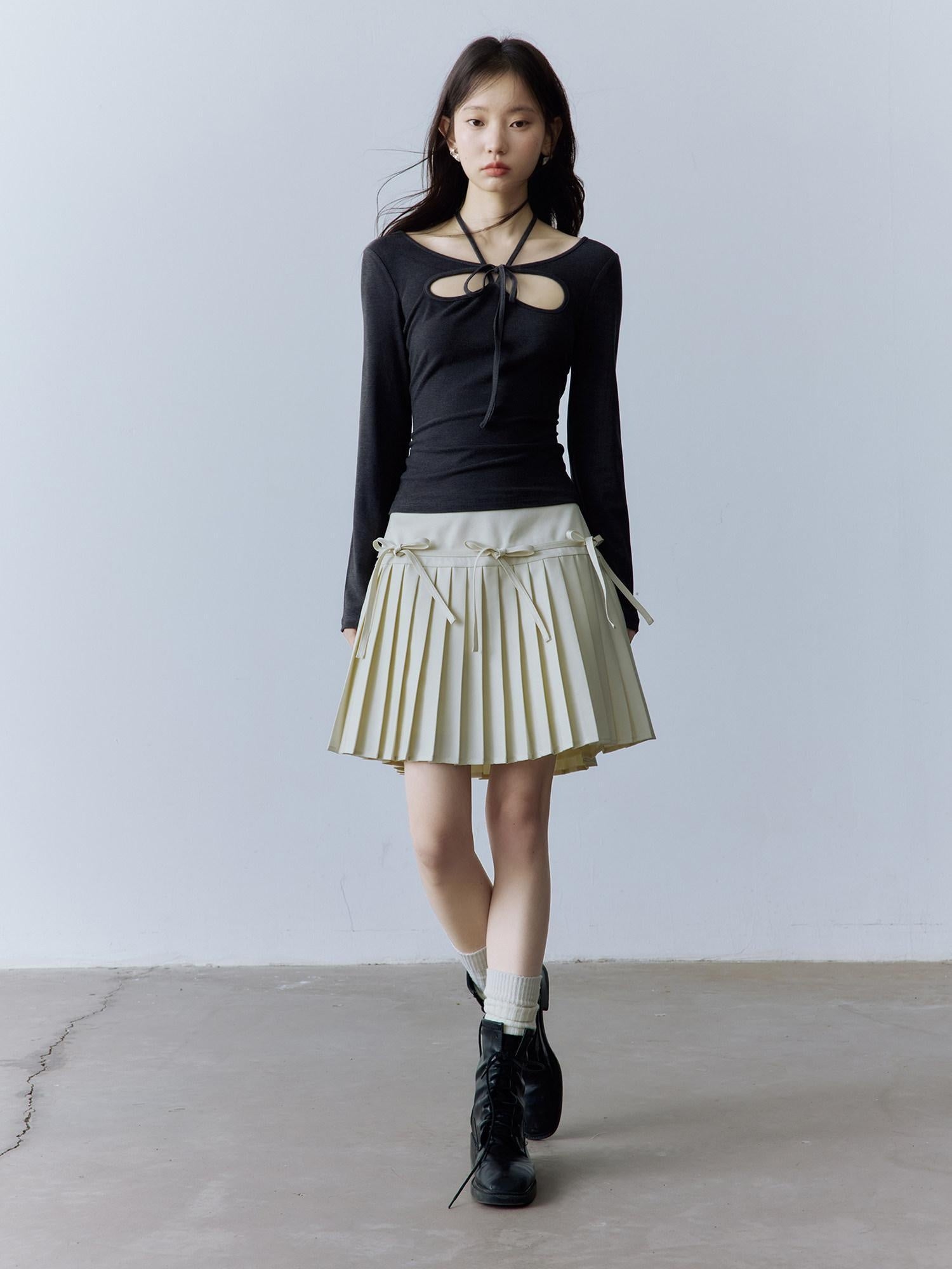 FUSSED Halter Neck Slim Fit Girlish Women Long Sleeve Solid Crewneck Pullover T-Shirt