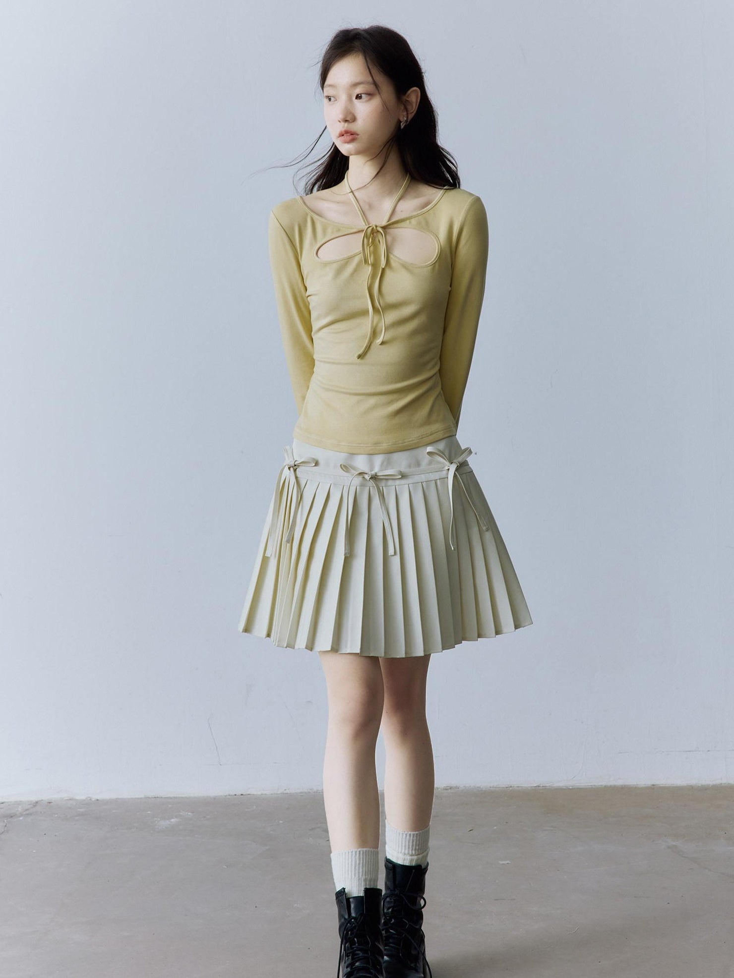 FUSSED Halter Neck Slim Fit Girlish Women Long Sleeve Solid Crewneck Pullover T-Shirt