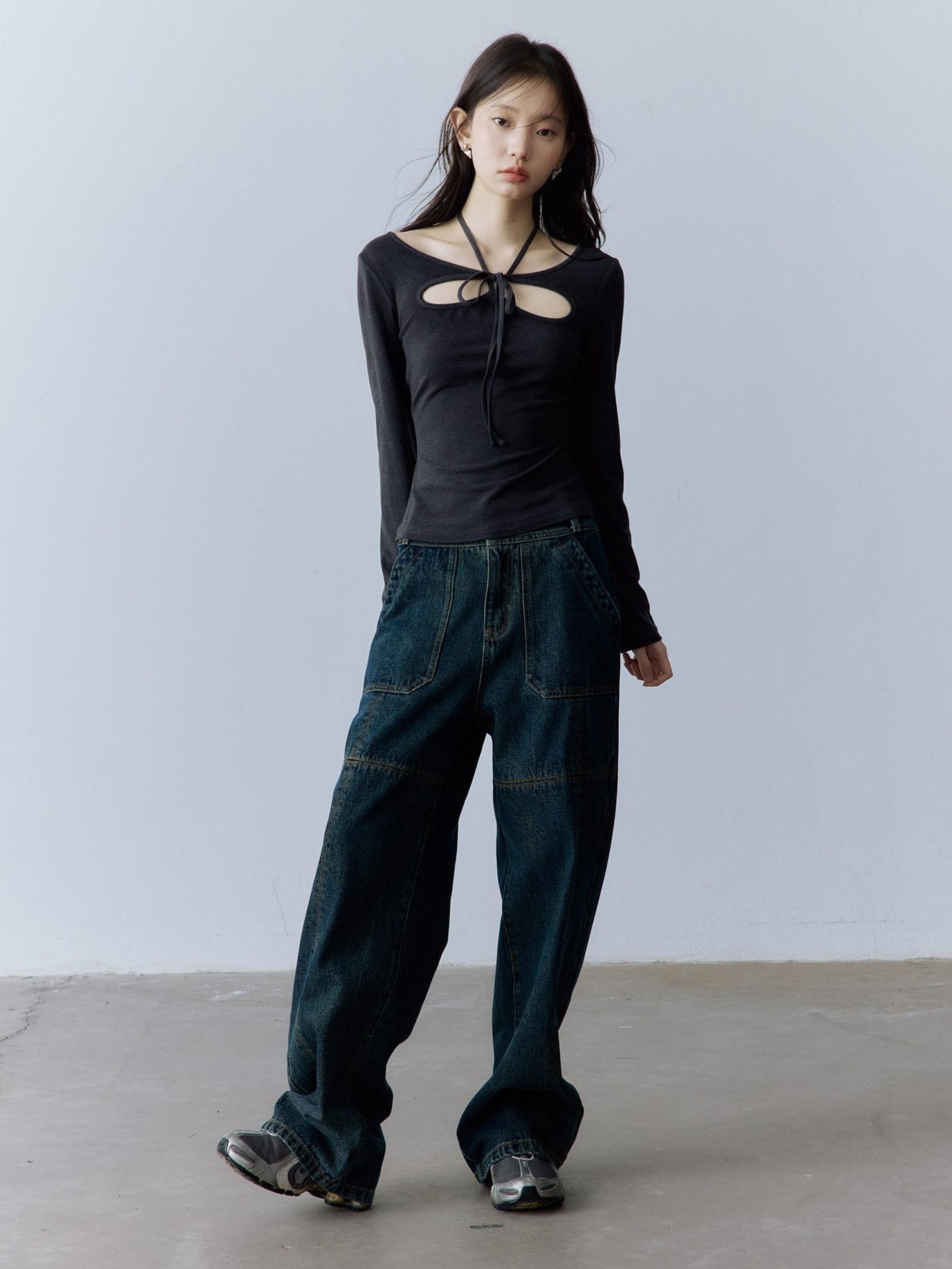 FUSSED Halter Neck Slim Fit Girlish Women Long Sleeve Solid Crewneck Pullover T-Shirt