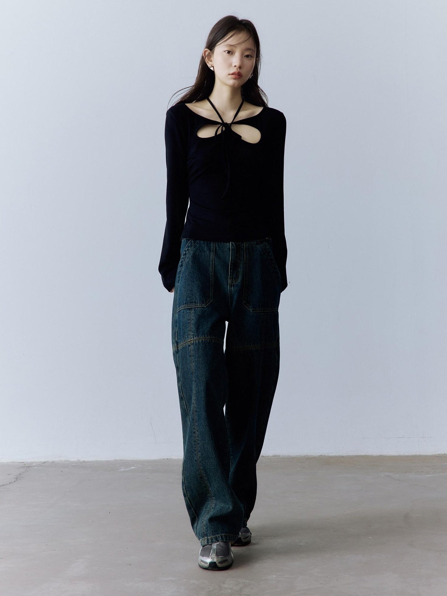 FUSSED Halter Neck Slim Fit Girlish Women Long Sleeve Solid Crewneck Pullover T-Shirt