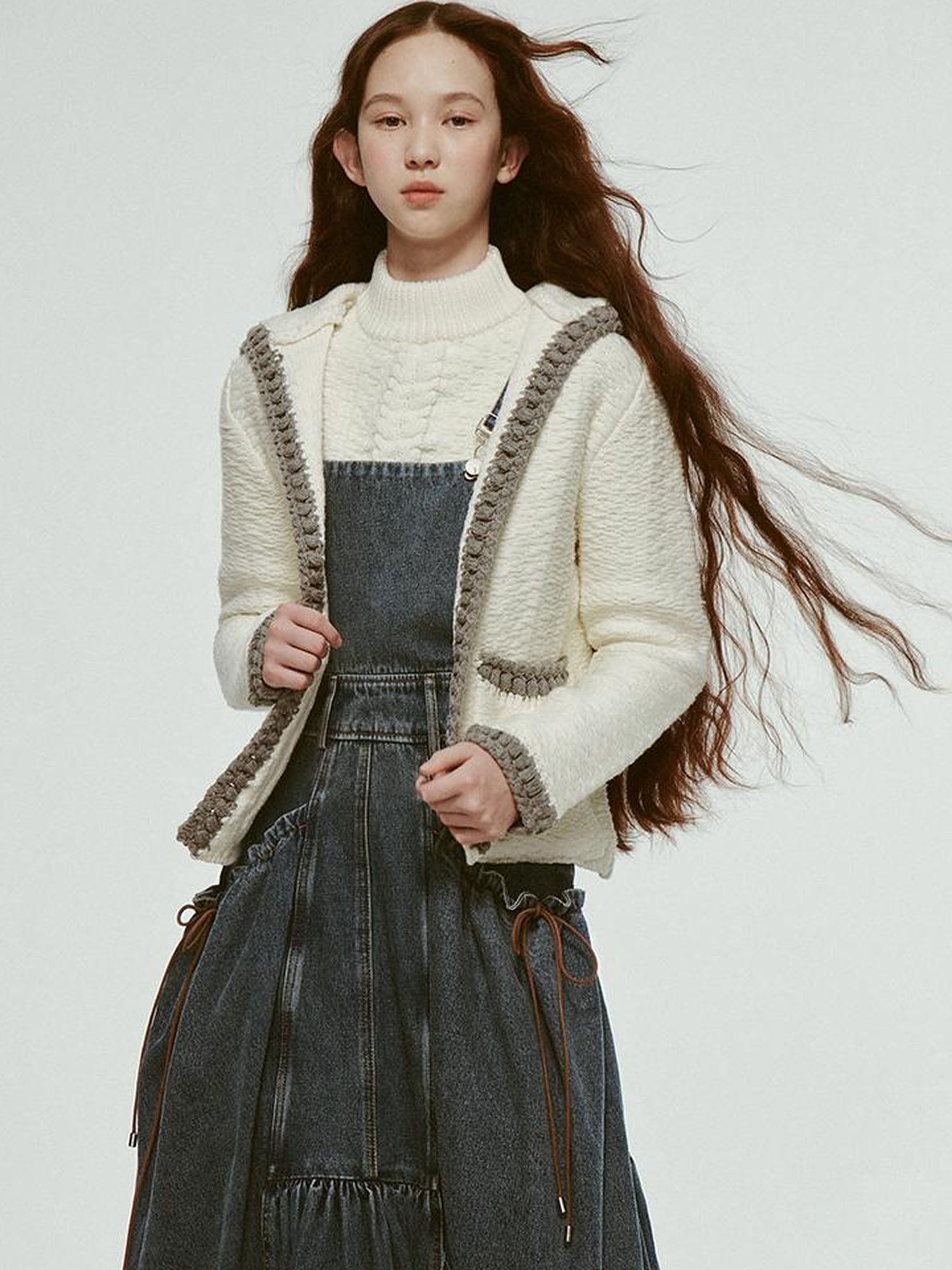 FUSSED Hand Embroidered White Grey Crochet Knit Cardigan Coat