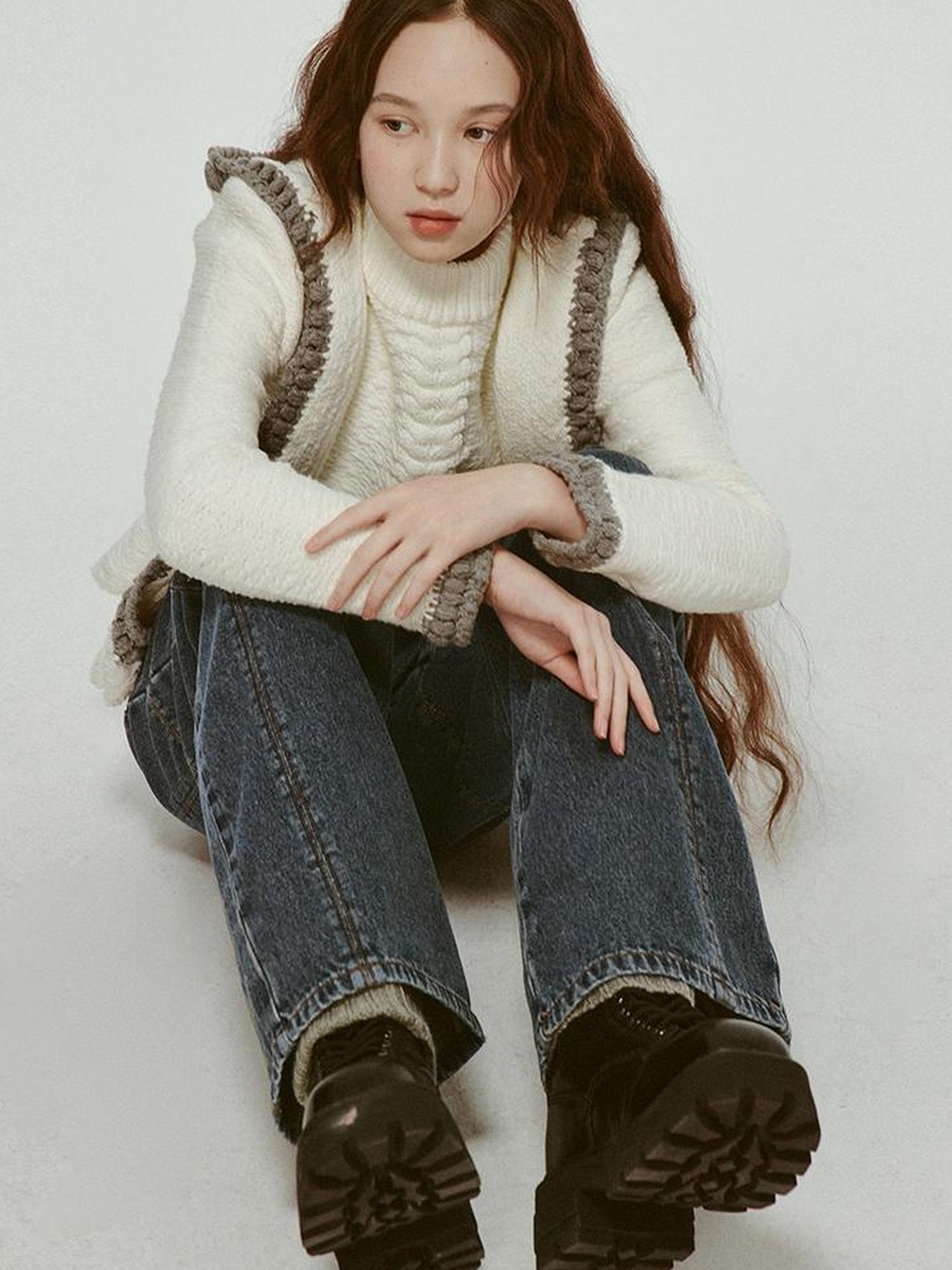 FUSSED Hand Embroidered White Grey Crochet Knit Cardigan Coat