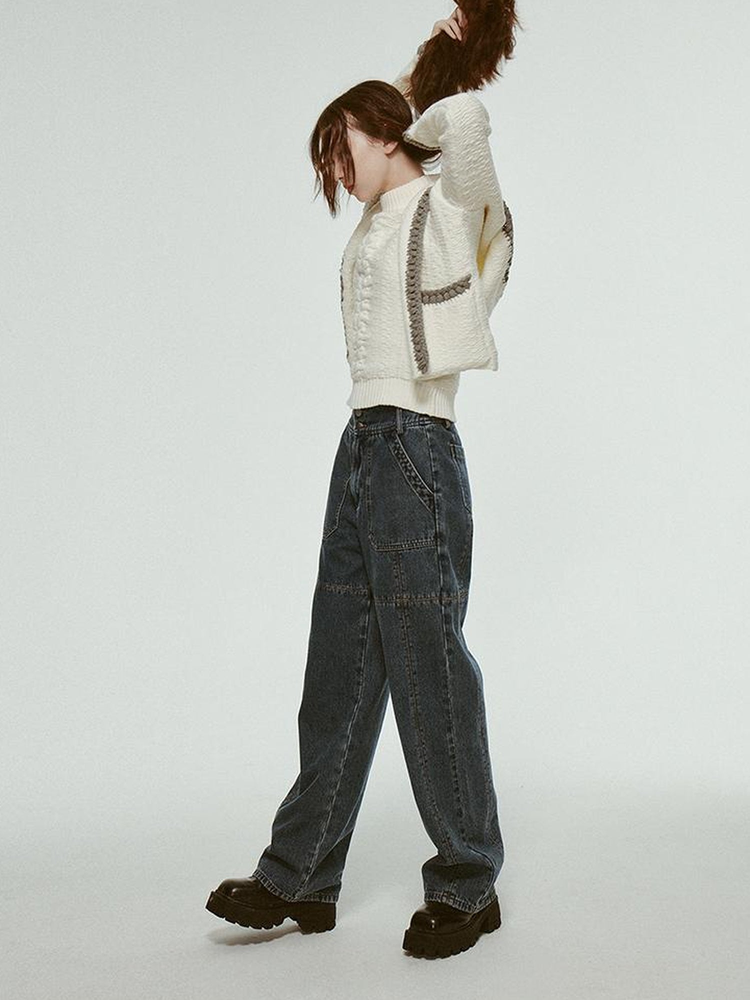 FUSSED Hand Embroidered White Grey Crochet Knit Cardigan Coat