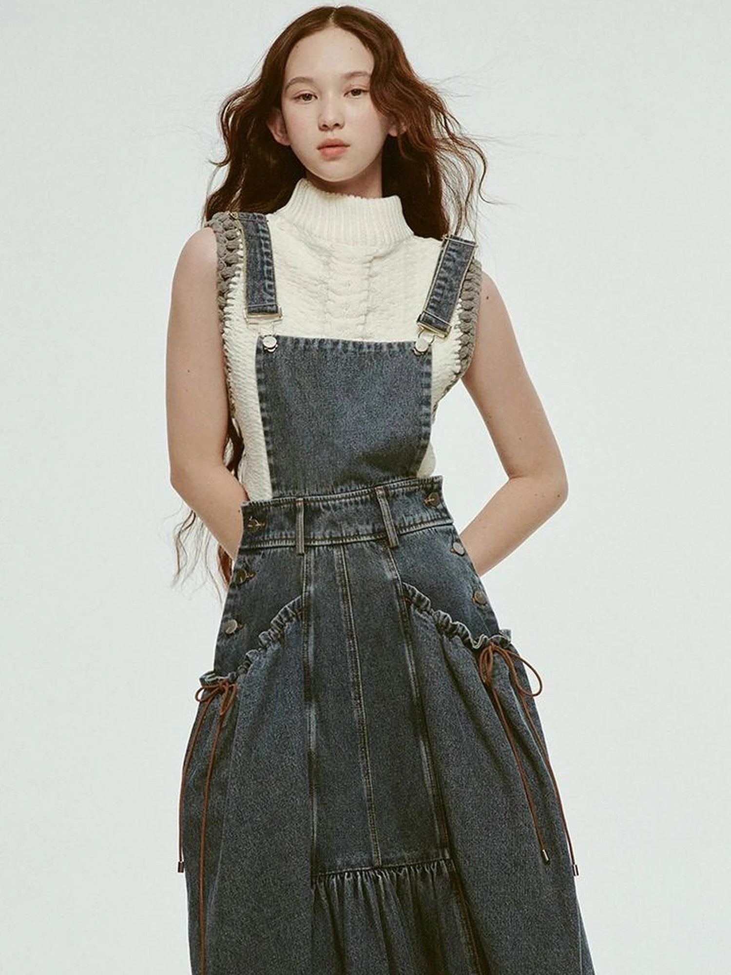 Hand Knitted White Grey Textured Vest With 3D Floral Applique