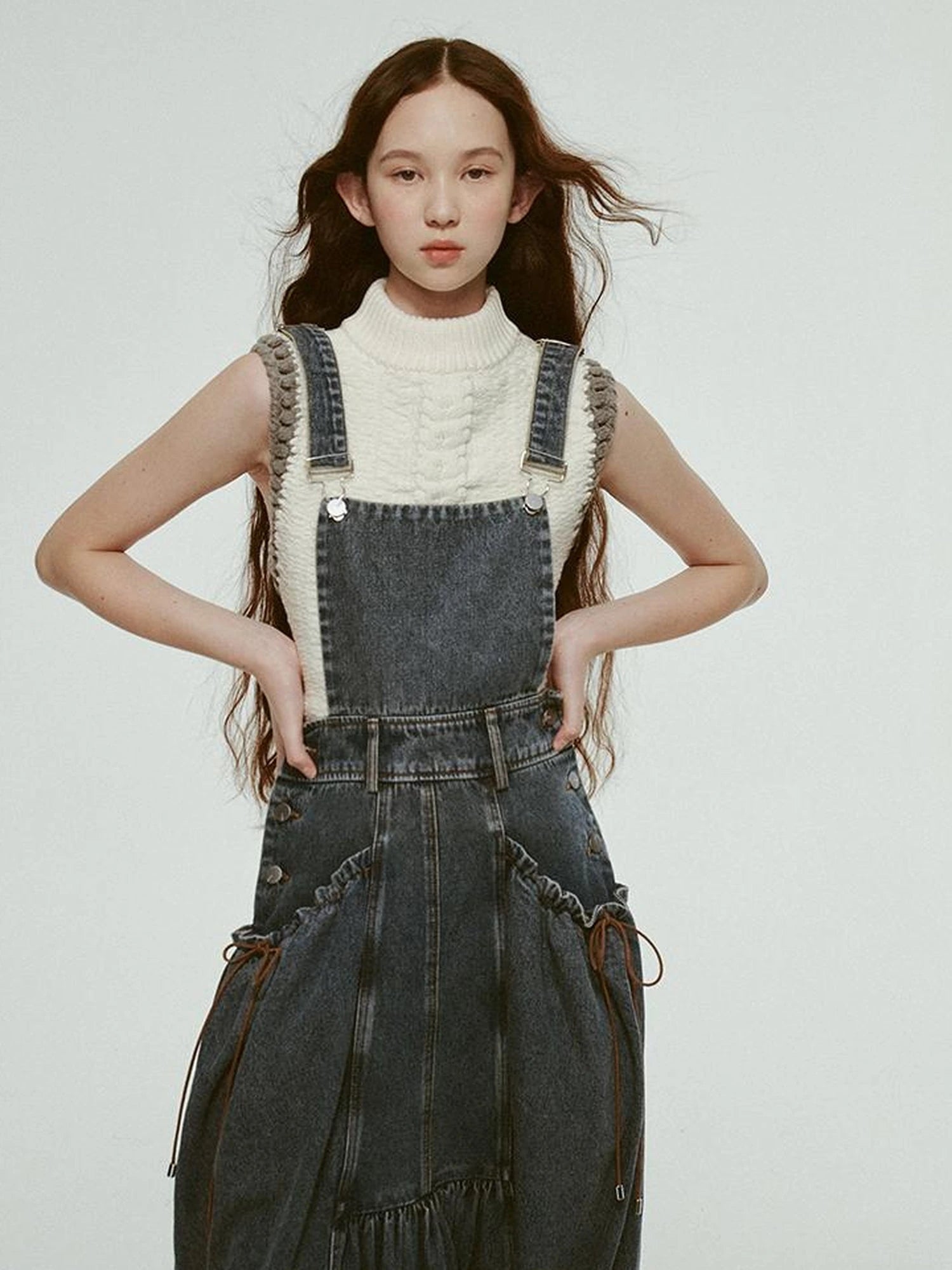 Hand Knitted White Grey Textured Vest With 3D Floral Applique