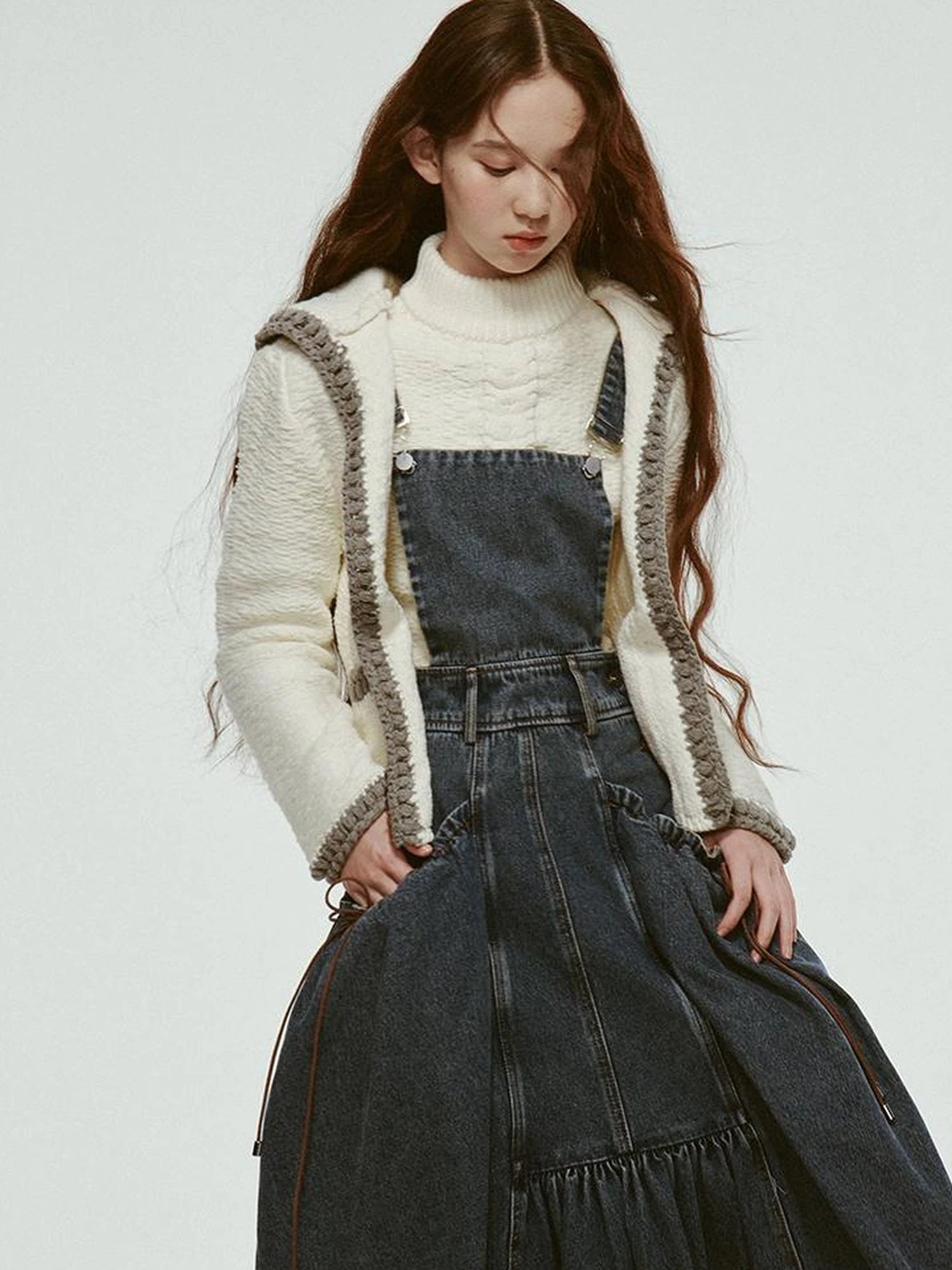 Hand Knitted White Grey Textured Vest With 3D Floral Applique